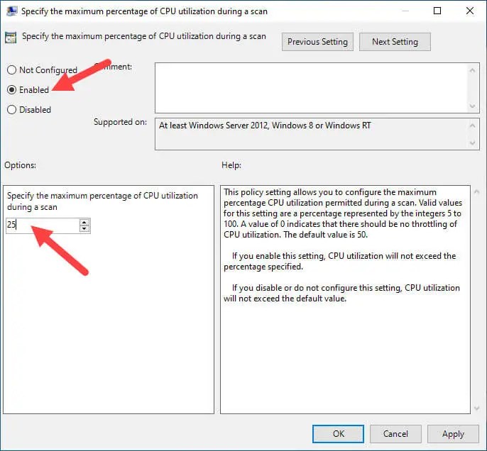 enable policy and set percentage to limit Windows defender CPU usage