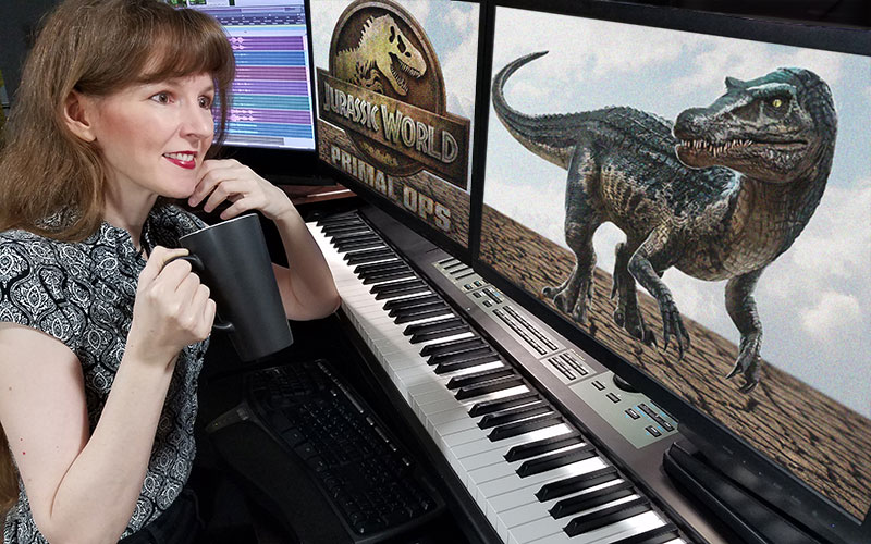 Video game music composer Winifred Phillips is pictured at work in her music production studio. Phillips' music for Jurassic World Primal Ops won a Global Music Award and a NYX Award, and was nominated for a Society of Composers & Lyricists Award and a Game Audio Network Guild Award.