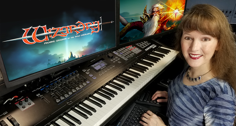 Photo of award-winning video game music composer Winifred Phillips, working on her original music score for the game Wizardry: Proving Grounds of the Mad Overlord.