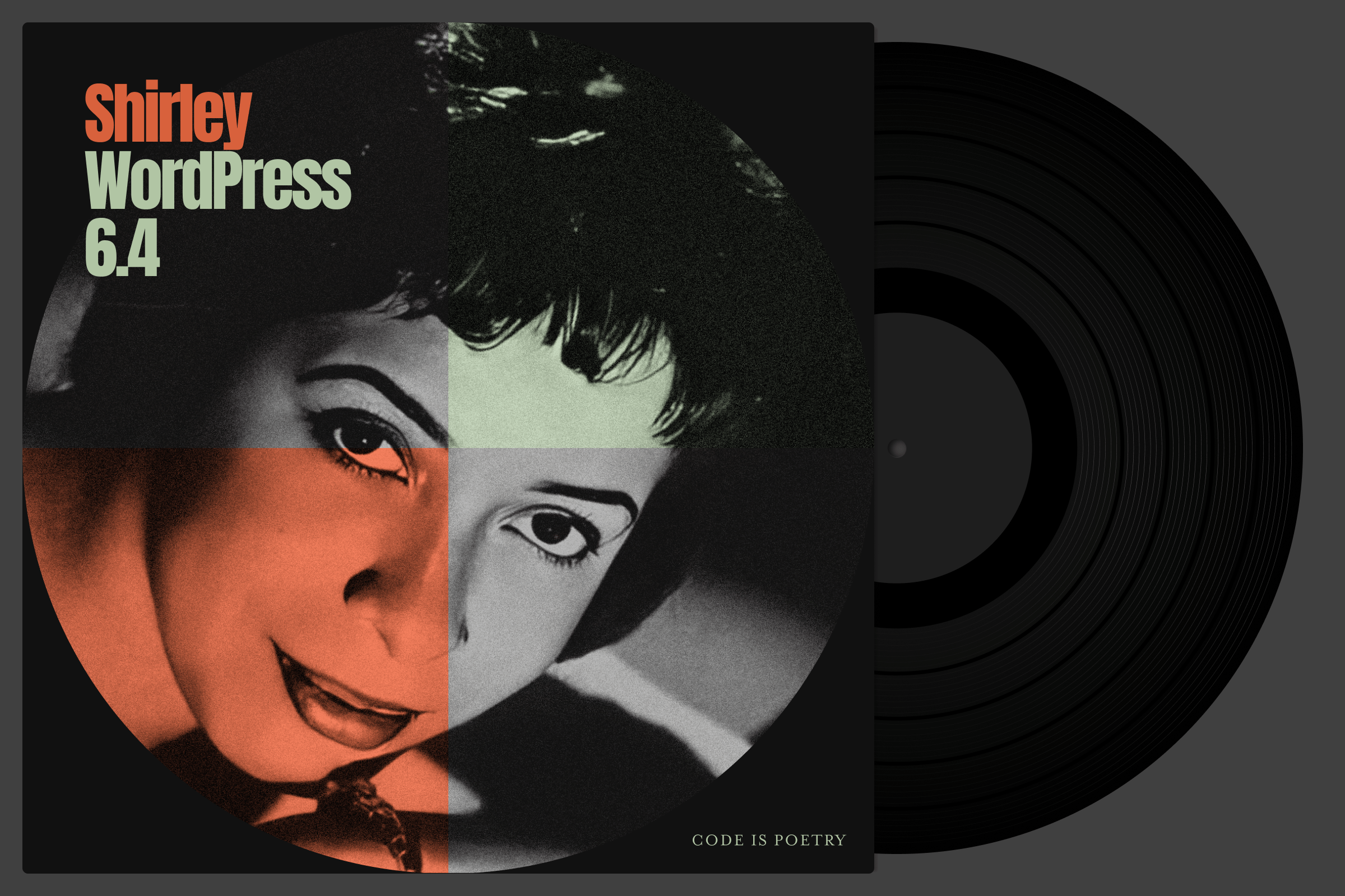 Record cover with an image of Shirley Horn, a record sliding down the right side, and the words Shirley WordPress 6.4.