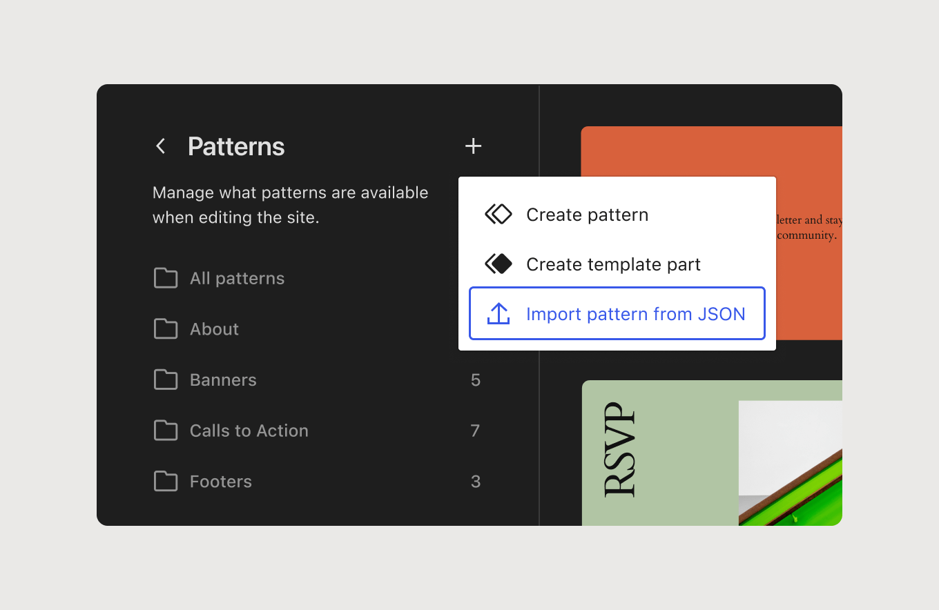 Screenshot showing the "Import pattern from JSON files" option from the Site Editor's patterns view.