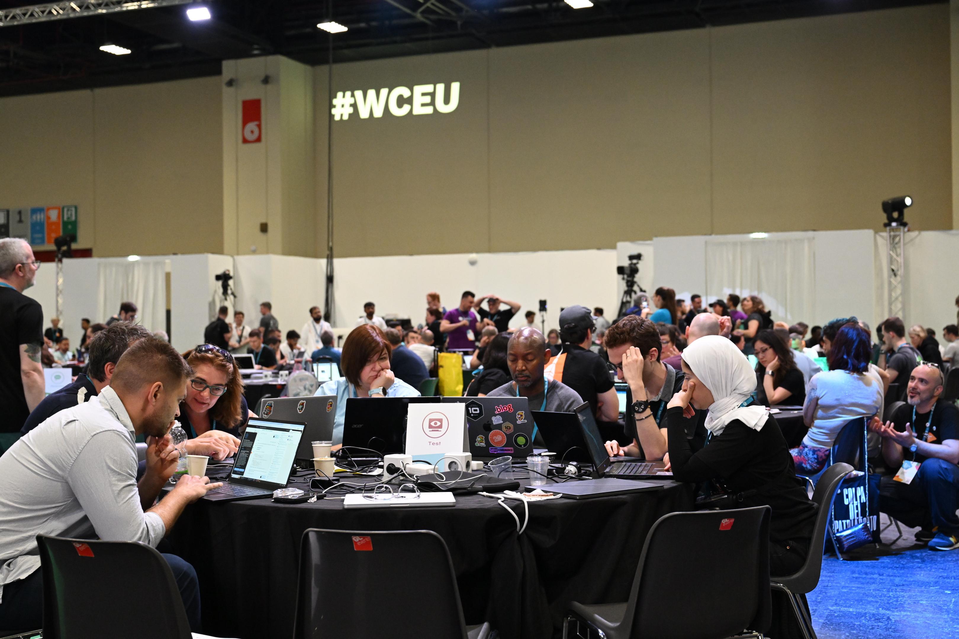 Contributors gathering at a table with laptops during WCEU 2024 Contributor Day. Photo by Chris Clarke.