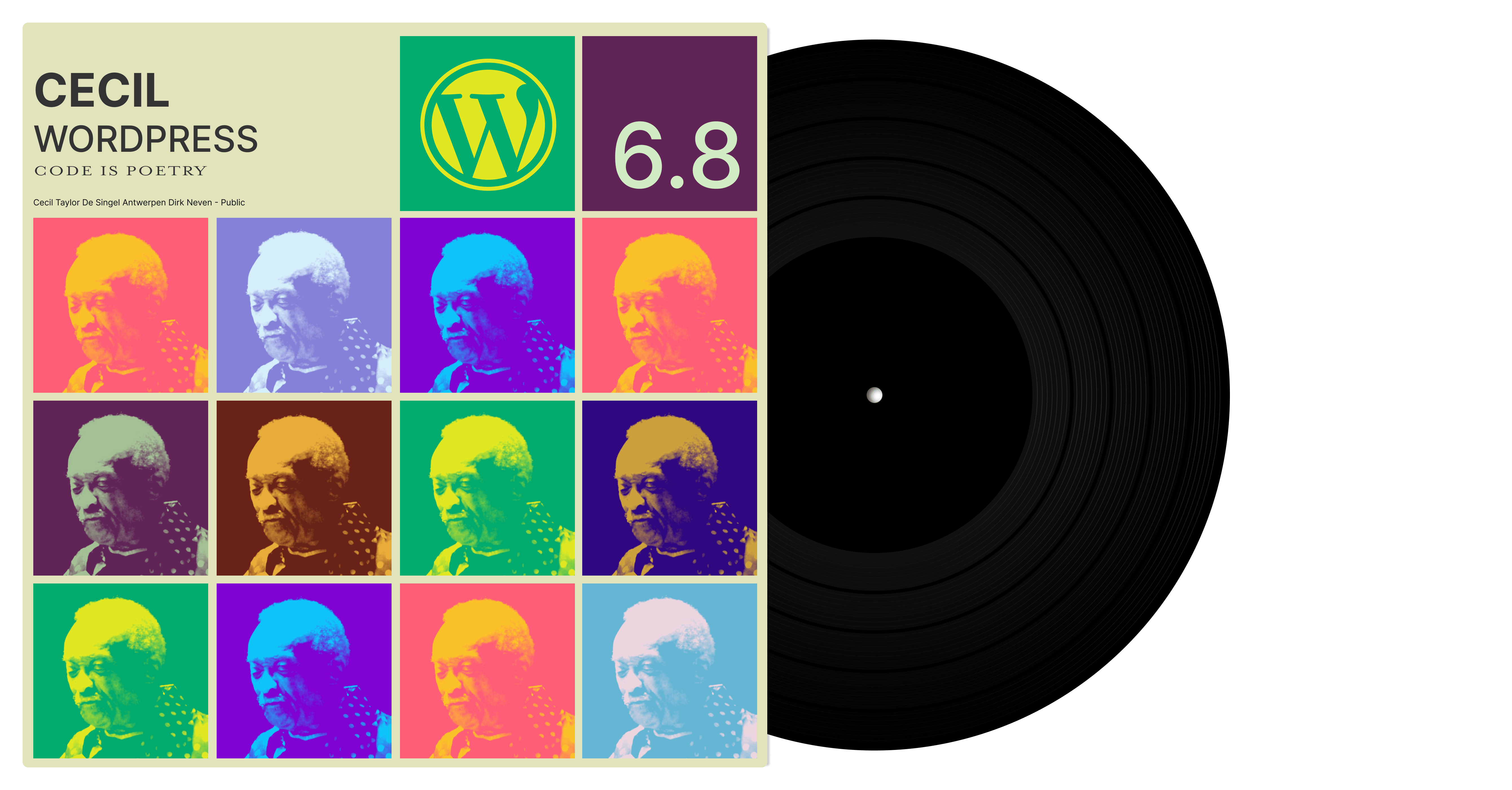 Simulated record album featuring a grid of brightly-colored duotone portraits of Cecil Taylor