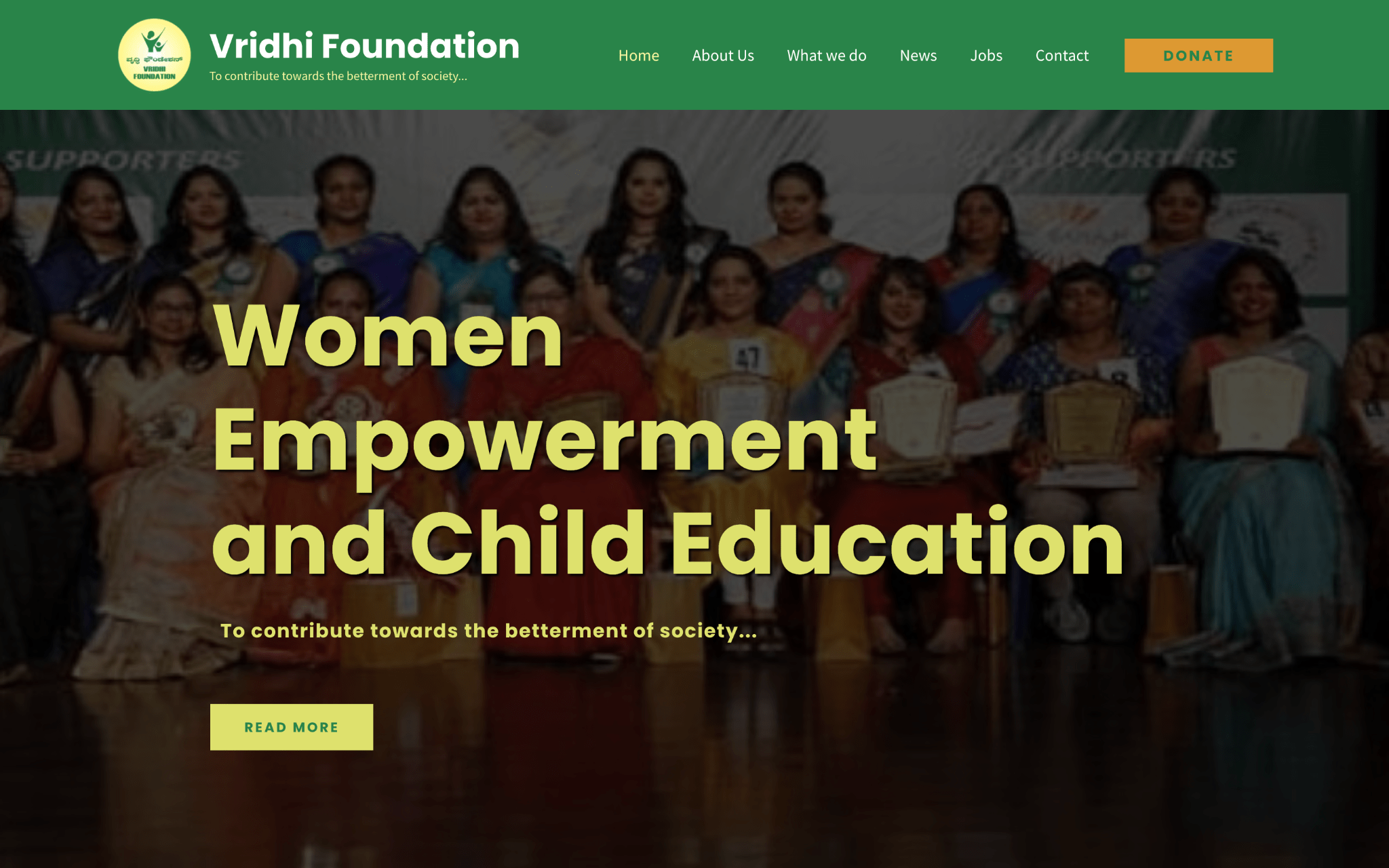 A screenshot of the Vridhi Foundation website created by the do_action Karnataka 2021 team.