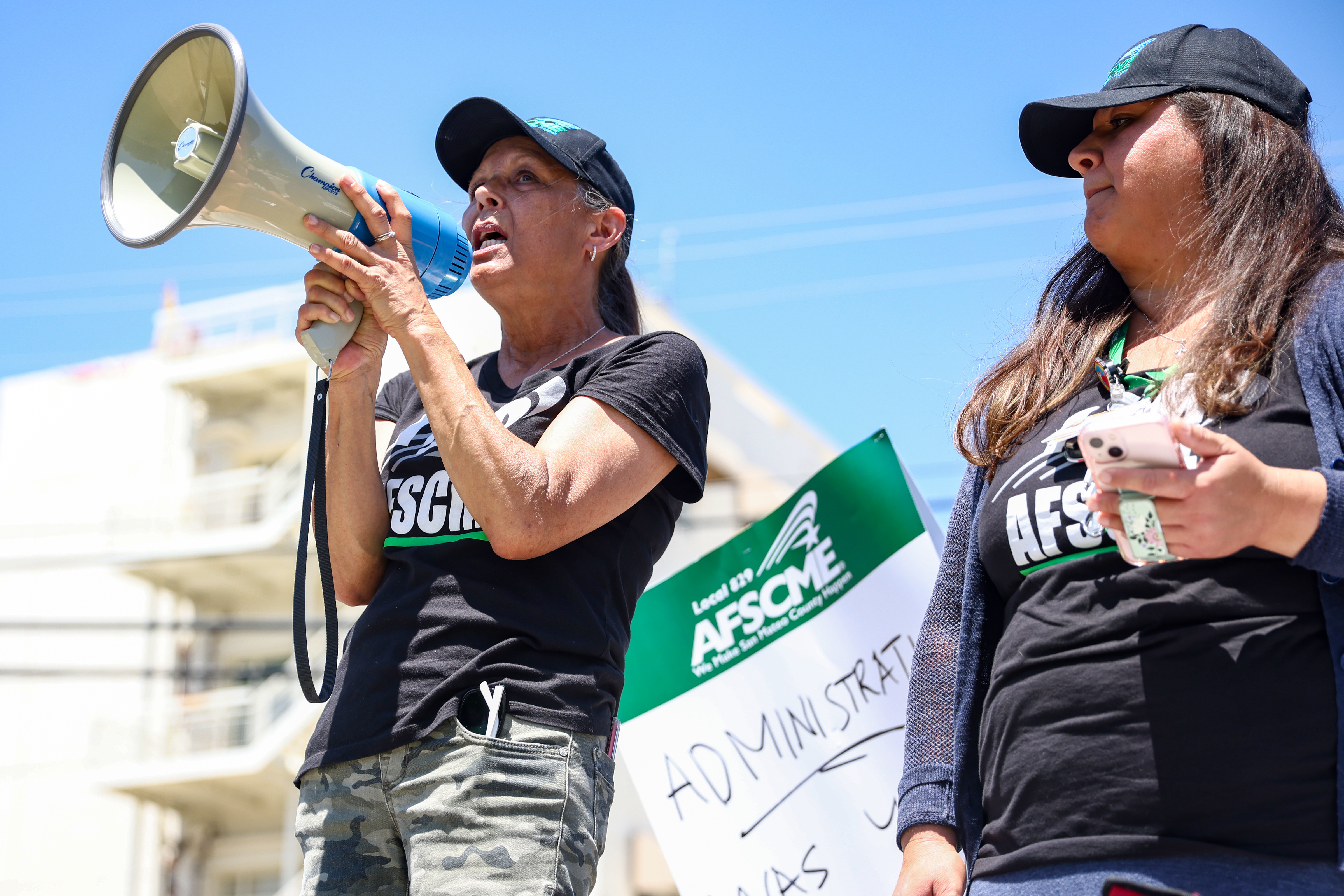 Vicki Harper, of Redwood City, speaks during a union rally at Sequoia Hospital in Redwood City, Calif., on Monday, July 18, 2022. (Shae Hammond/Bay Area News Group)