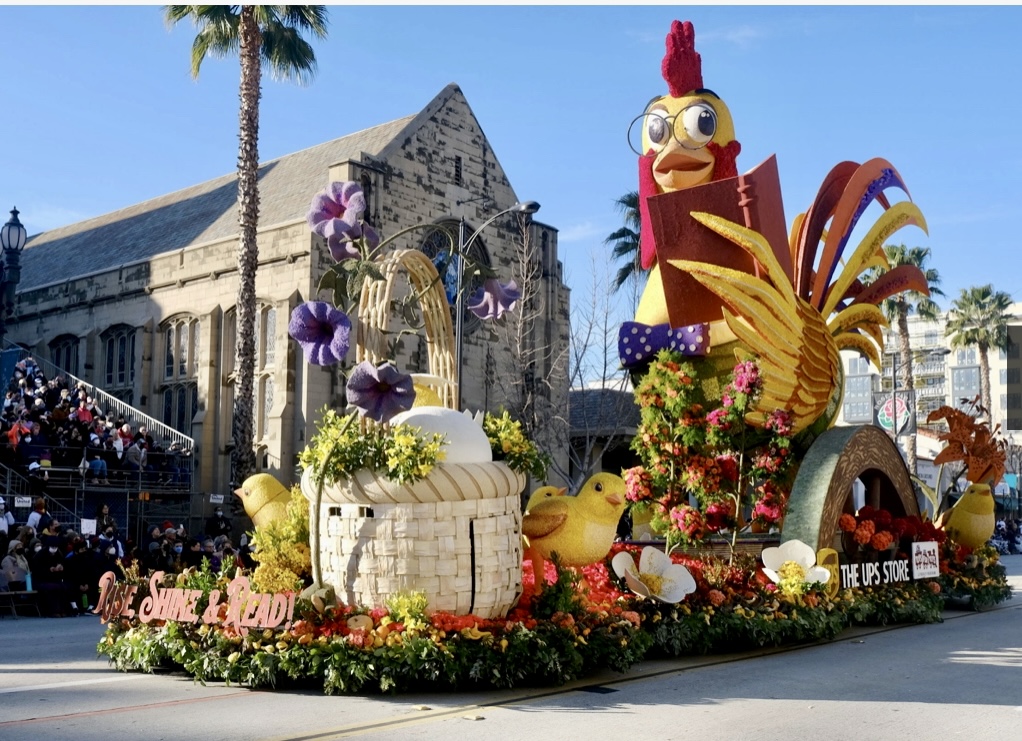 The UPS Store float rolls past First United Methodist Church in Pasadena during the 2022 Rose Parade. The 134th Rose Parade and 109th Rose Bowl game will be held on Monday, Jan. 2, 2023, in keeping with a "Never on a Sunday" tradition that began when officials were afraid of frightening horses tied outside local churches. (Photo courtesy of First United Methodist Church of Pasadena)