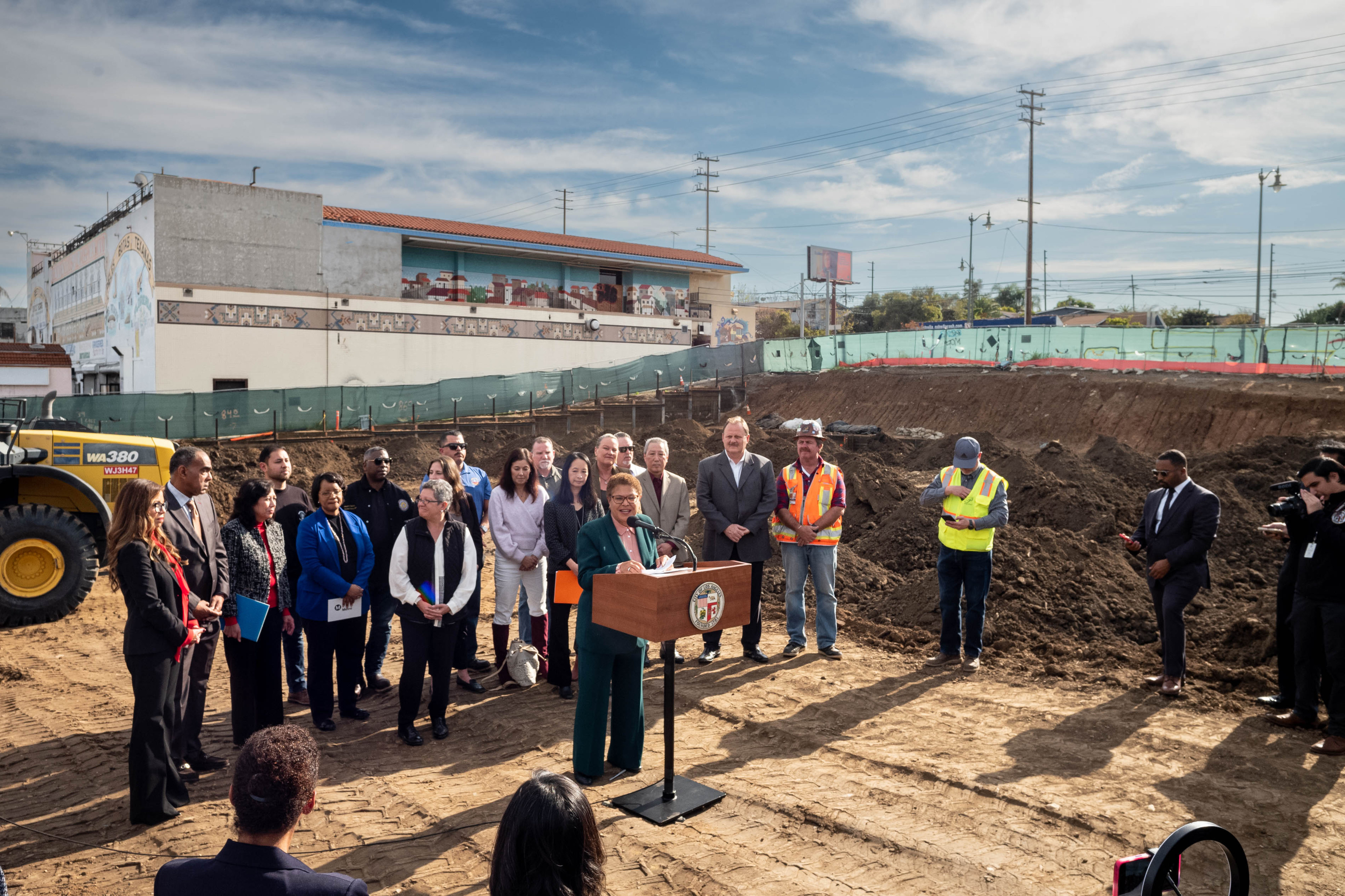 Los Angeles Mayor Karen Bass speaks on the site of 49 units of affordable housing in Boyle Heights, where she signed an executive directive to accelerate and lower the cost of building affordable housing and shelter, on Friday, December 16, 2022.