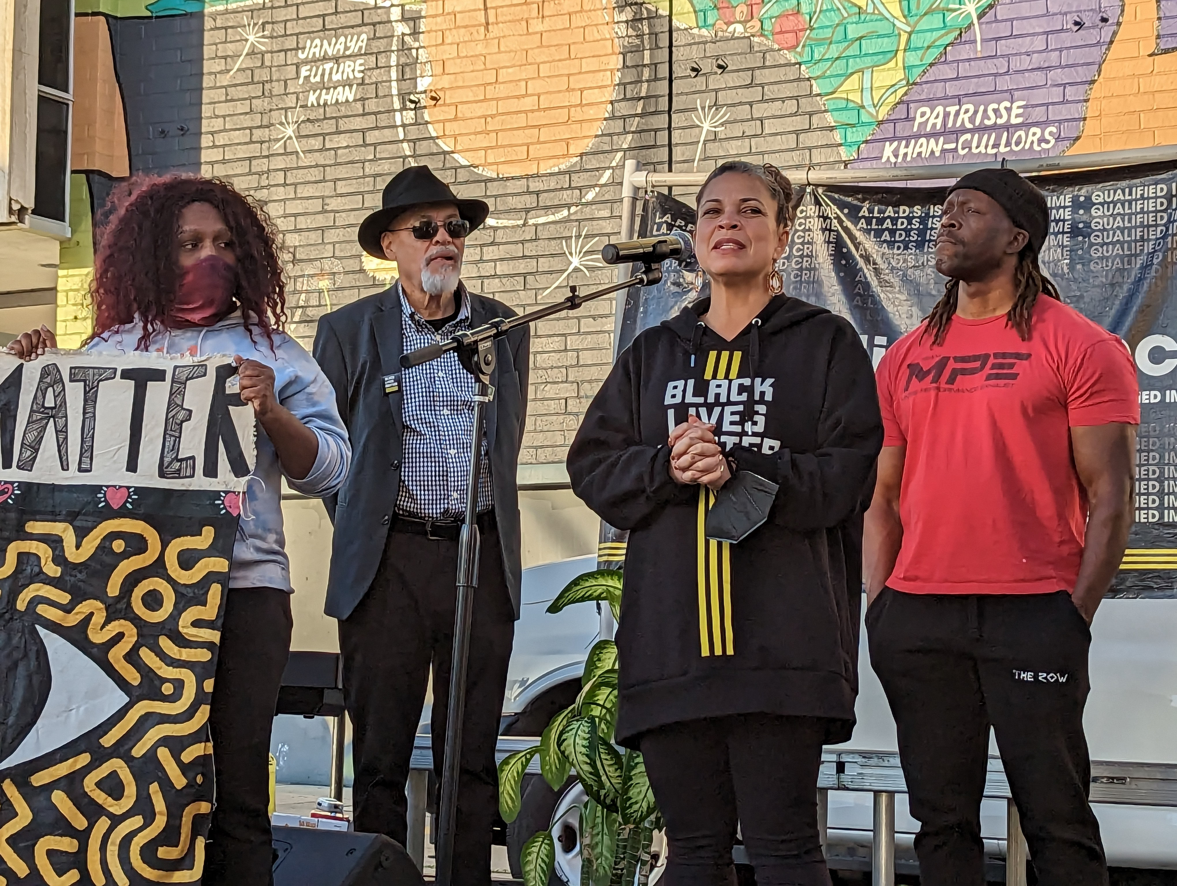 Black Lives Matter-Los Angeles co-founder Melina Abdullah speaks at a news conference Wednesday, Feb. 1, 2023, calling on Mayor Karen Bass to rescind her support for the reappointment of Los Angeles Police Chief Michael Moore.