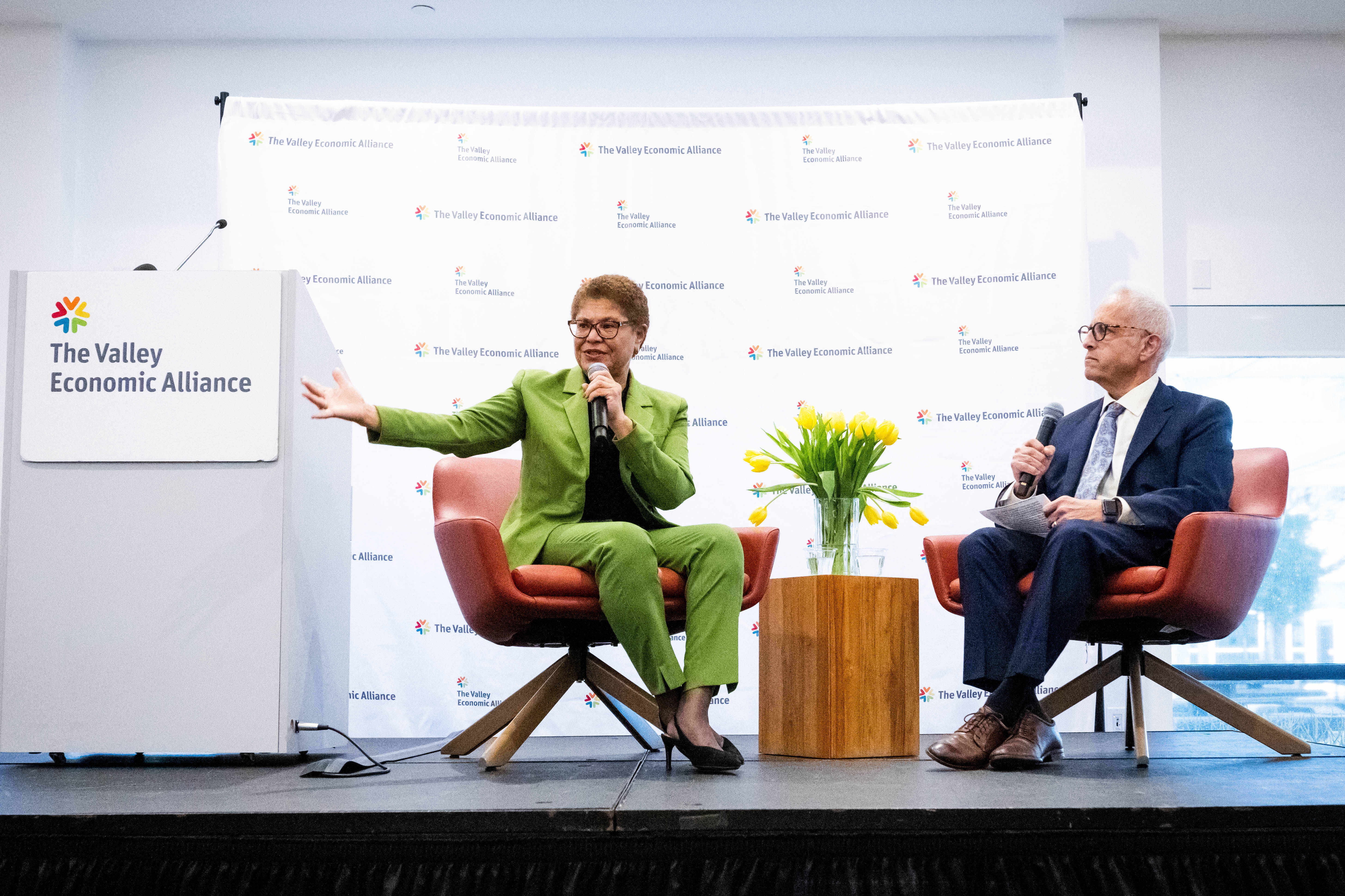 Los Angeles Mayor Karen Bass speaks at The Valley Economic Alliance summit with Fred Gaines at CSUN in Northridge on Thursday, January 12, 2023.