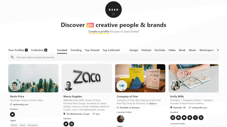 Homepage of the DSKO site, featuring user profiles in a grid.