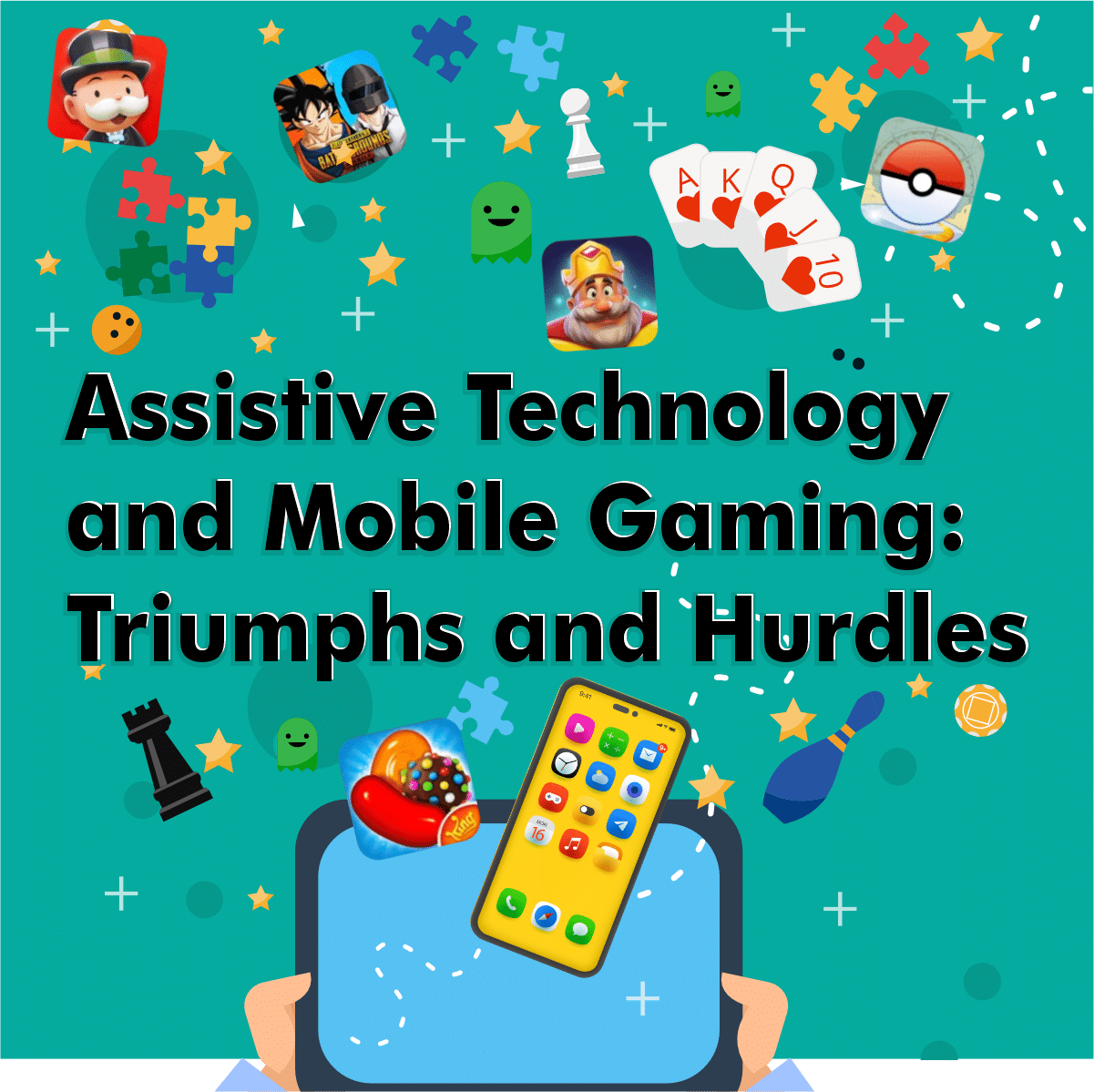 a cartoon style graphic with puzzle pieces, chess pieces, playing cards, mobile app icons, two hands holding a tablet