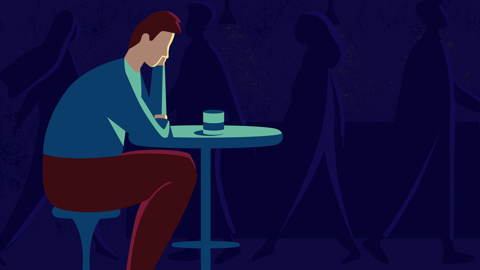 An illustration of a man with ADHD and depression sitting at a table.