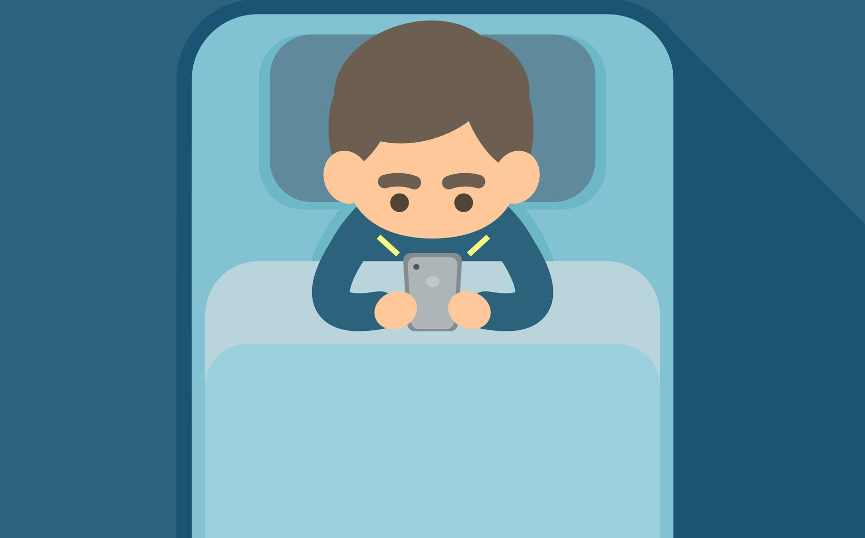 Young man using text on smartphone in bed, addiction technology and internet social network concept, Vector icon illustration.