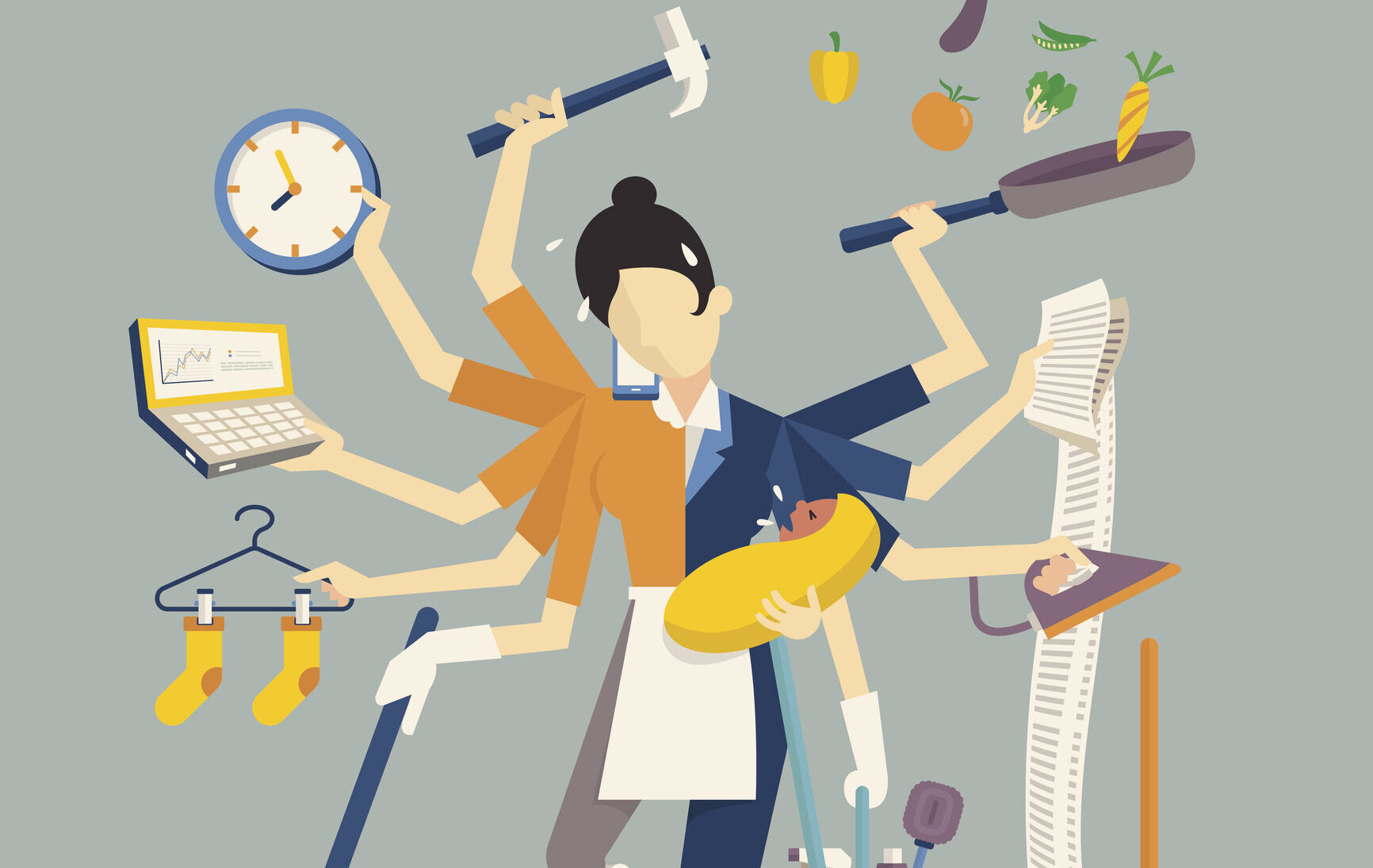 Vector illustration in super mom concept, many hands working with very busy business and housework part, feeding baby, cleaning house, cooking, doing washing, working with laptop. Flat design.