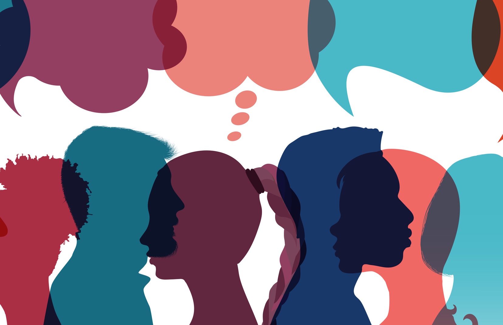 An illustration depicting various persons talking and thinking.