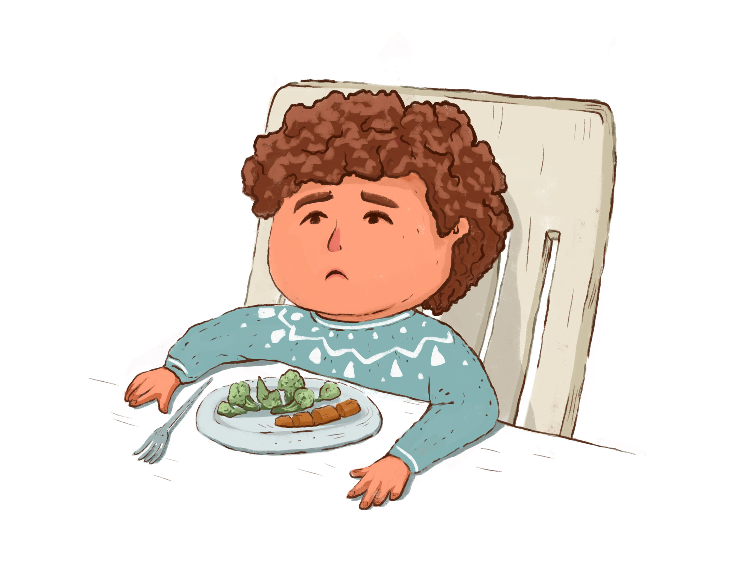 illustration of a disgruntled child sitting at a table with a plate of broccoli and carrots. Picky eater not eating healthy dinner