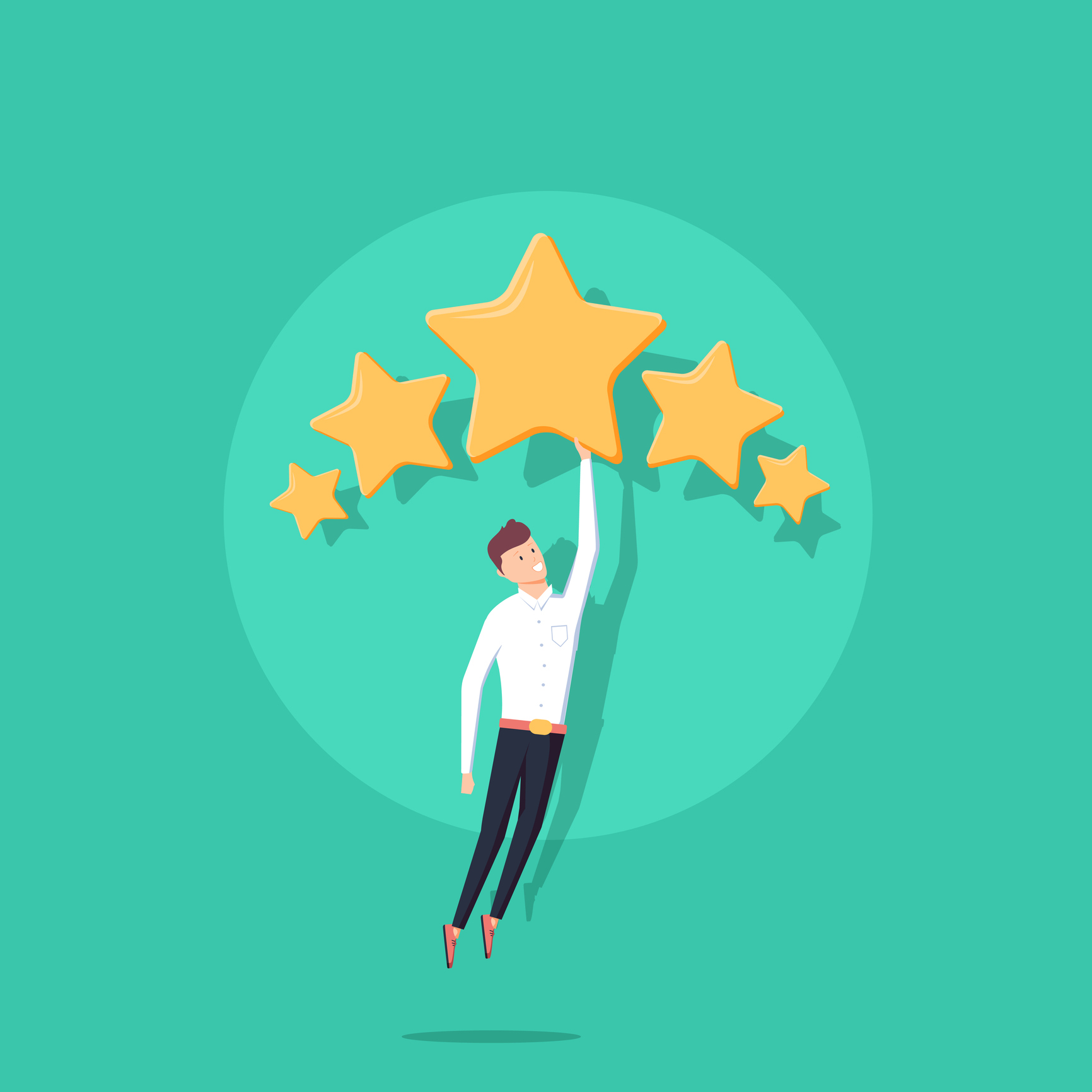 Businessman holding five gold stars for rating, quality and business concept. Vector, illustration, flat style. Client's Review, Customer Feedback or Satisfaction Level concept for Website