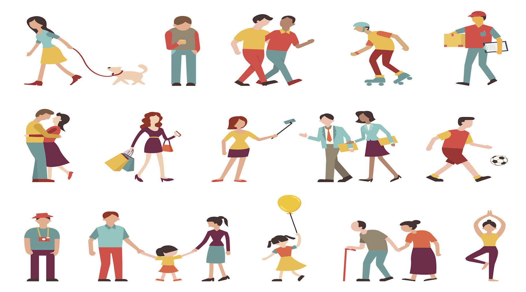 People in various lifestyles, businesspeople, woman walking to the dog, teenager, hipster, friends, sportman, woman doing yoga, homosexual, couple, lovers, family. Character set with flat design style.