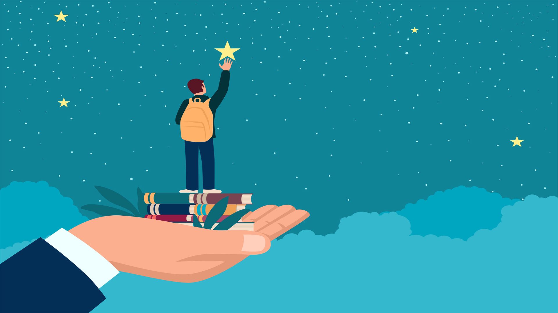 unmotivated student: concept illustration of a student standing on his teacher's palm and reaching for the stars.
