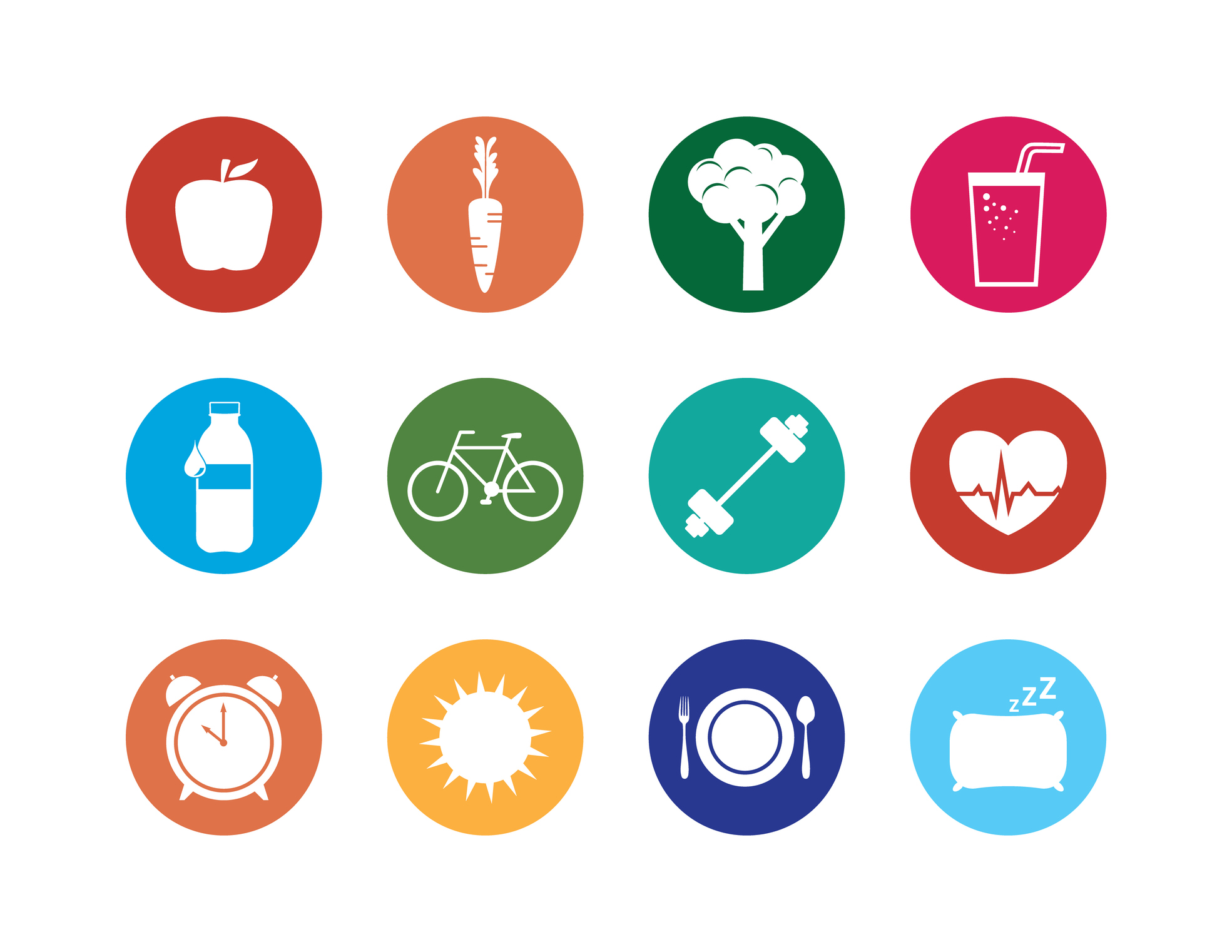 Collection of circle vector icons representing health, fitness, nutrition and well-being