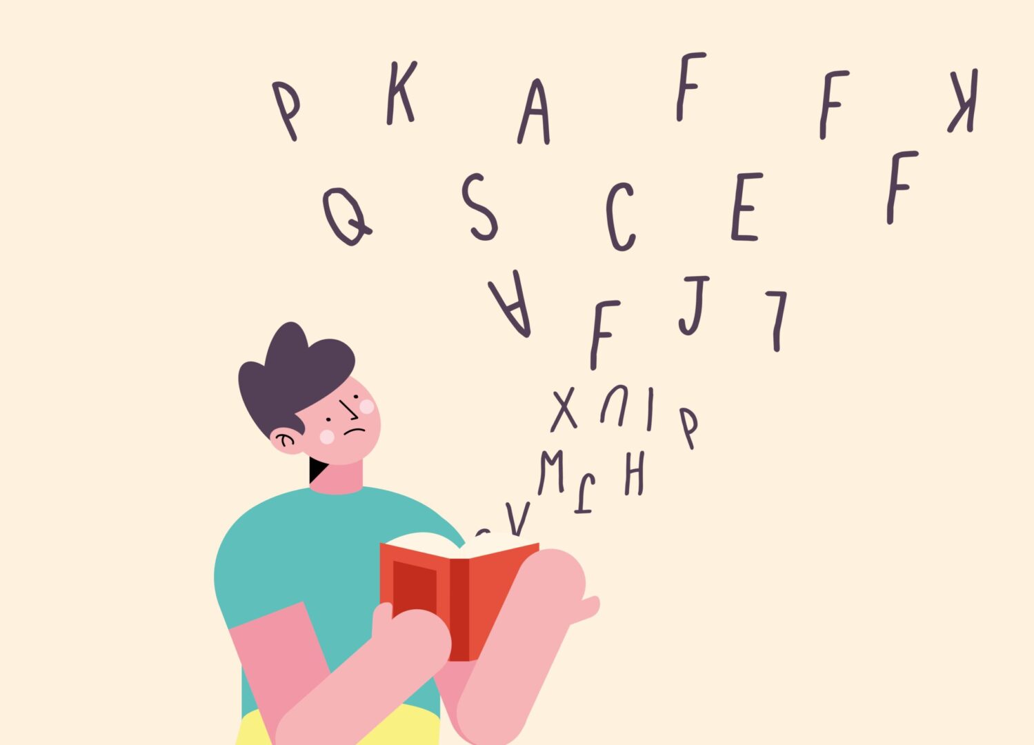 boy standing reading with dyslexia character