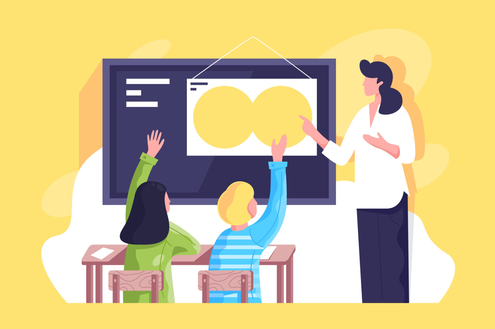 Flat classroom with young woman teacher and schoolchildren hand up. Concept businesswoman and students characters at work, school relationship. Vector illustration.