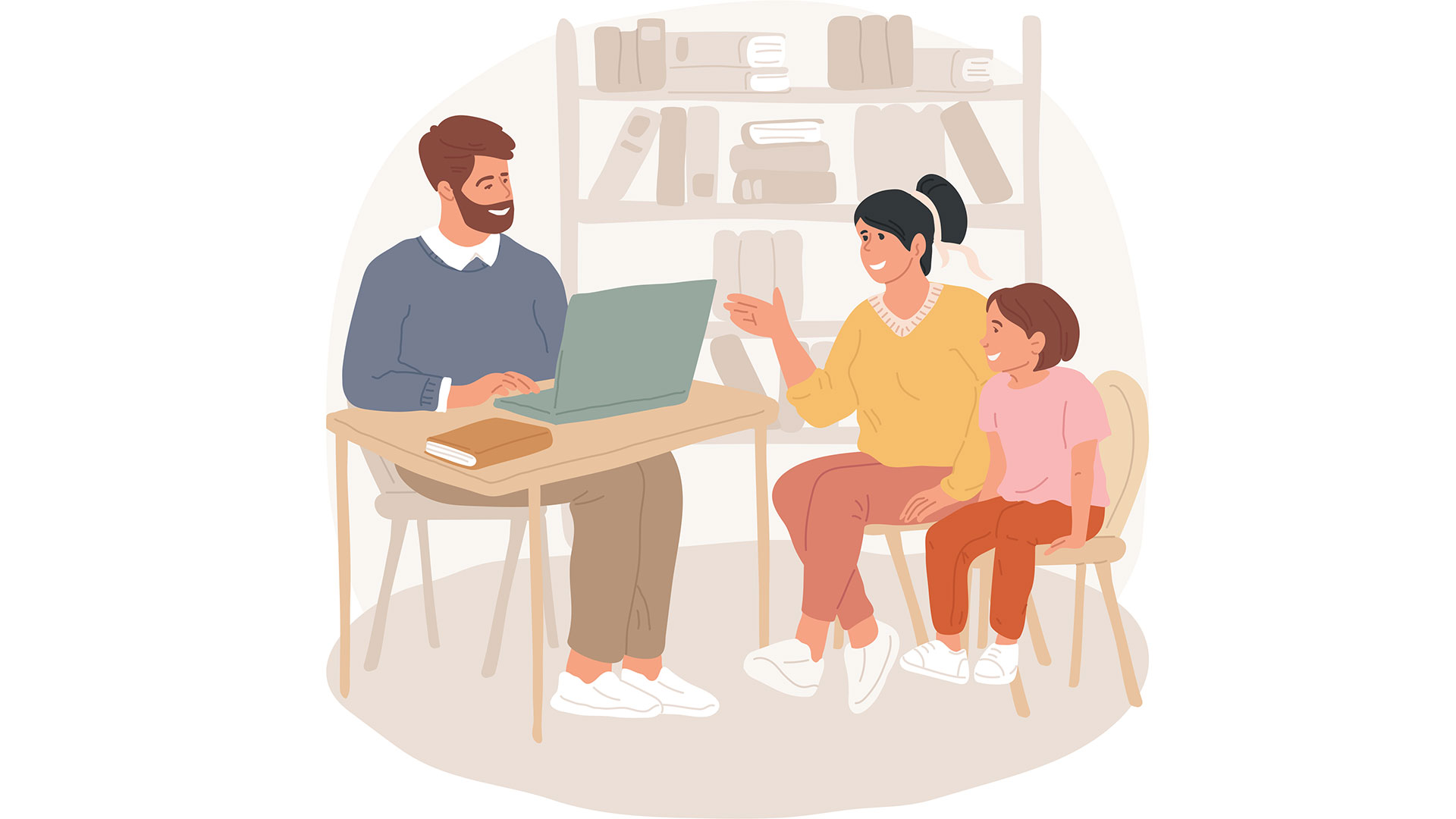 An illustration of a family meeting with a school teacher for an IEP meeting.