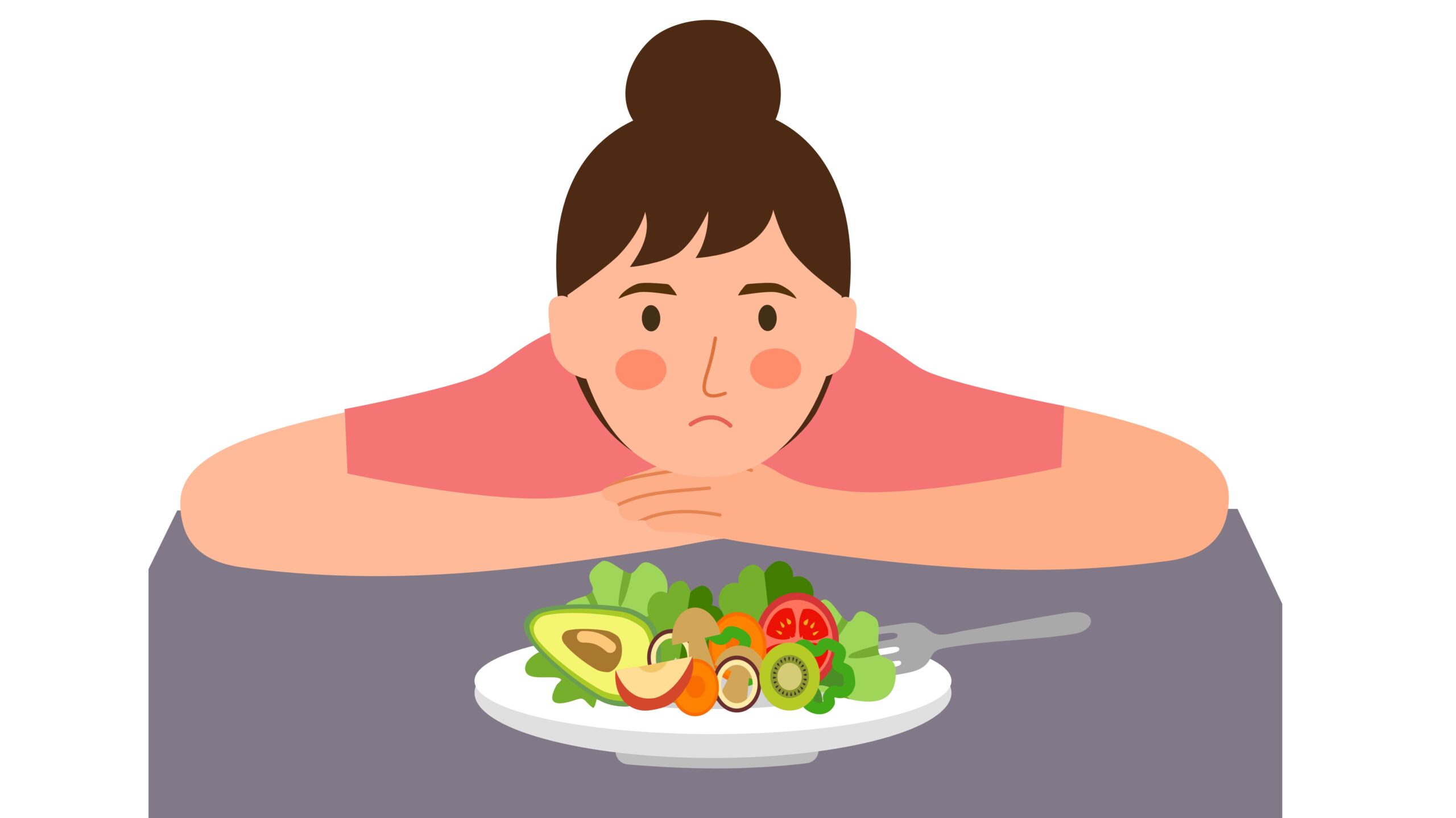 An illustration of a woman sitting at a table, with her head resting on her forearms as she looks apprehensively at a plate of vegetables before her.