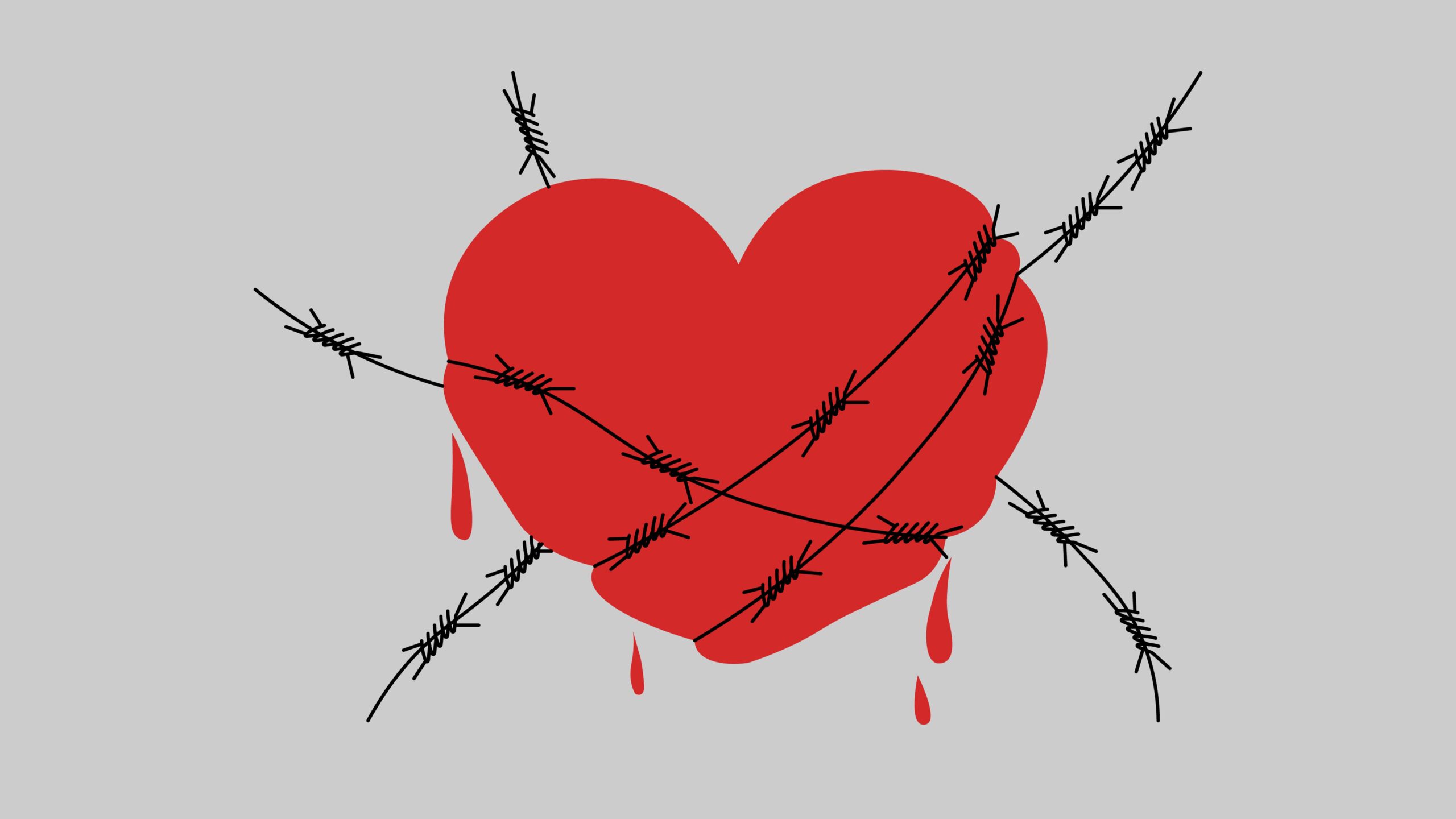 Drippy, bloody heart wrapped in barbed wire. Love symbol coiled with rod. Concept of broken relationships, toxic relationship, divorce and breakup. Love hurts. Flat vector illustration.