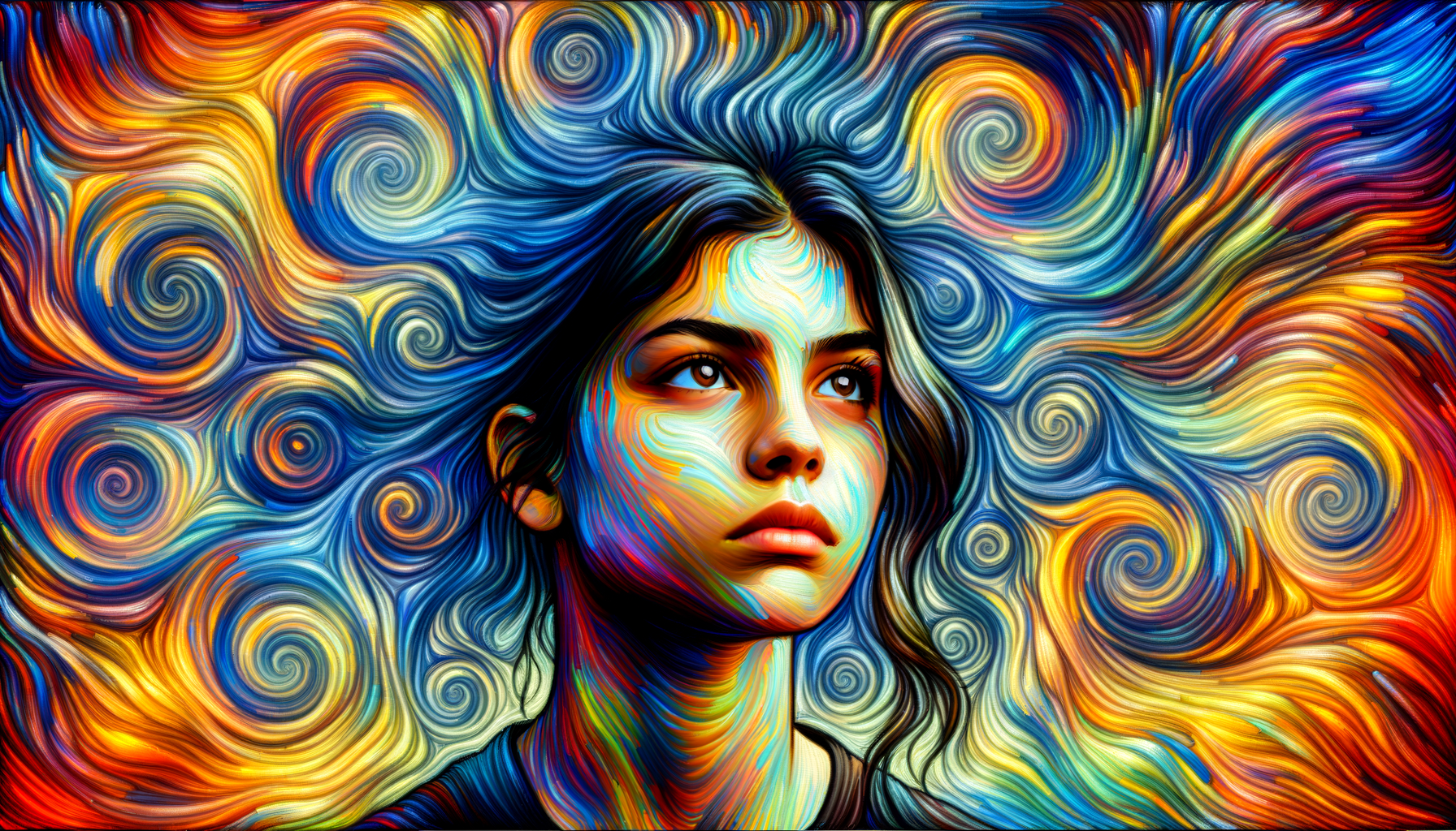 An AI-generated illustration of a teen girl with swirls of thoughts around her head depicting her obsessions and compulsions related to OCD.