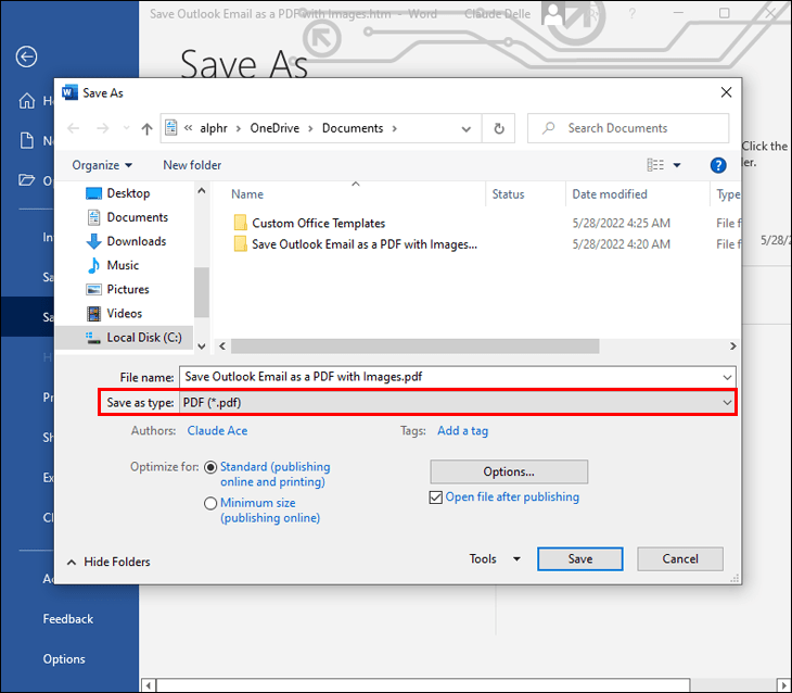 how to save outlook email as pdf