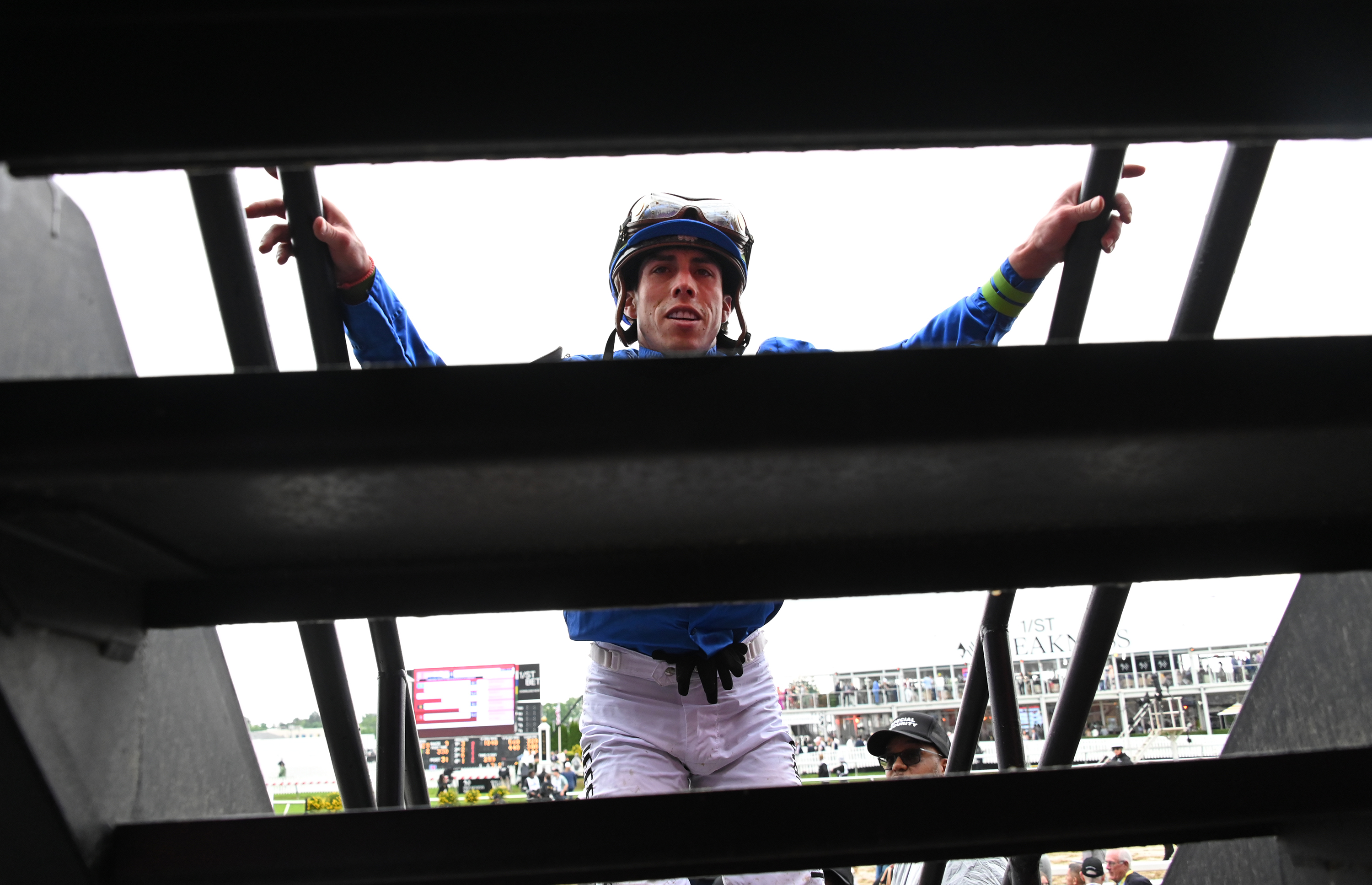 Jockey Irad Ortiz, Jr. makes his way to the jockey's room after the 8th race of the day at Pimlico. The 2024 Preakness at Pimlico Race Course Saturday. (Lloyd Fox/Staff)