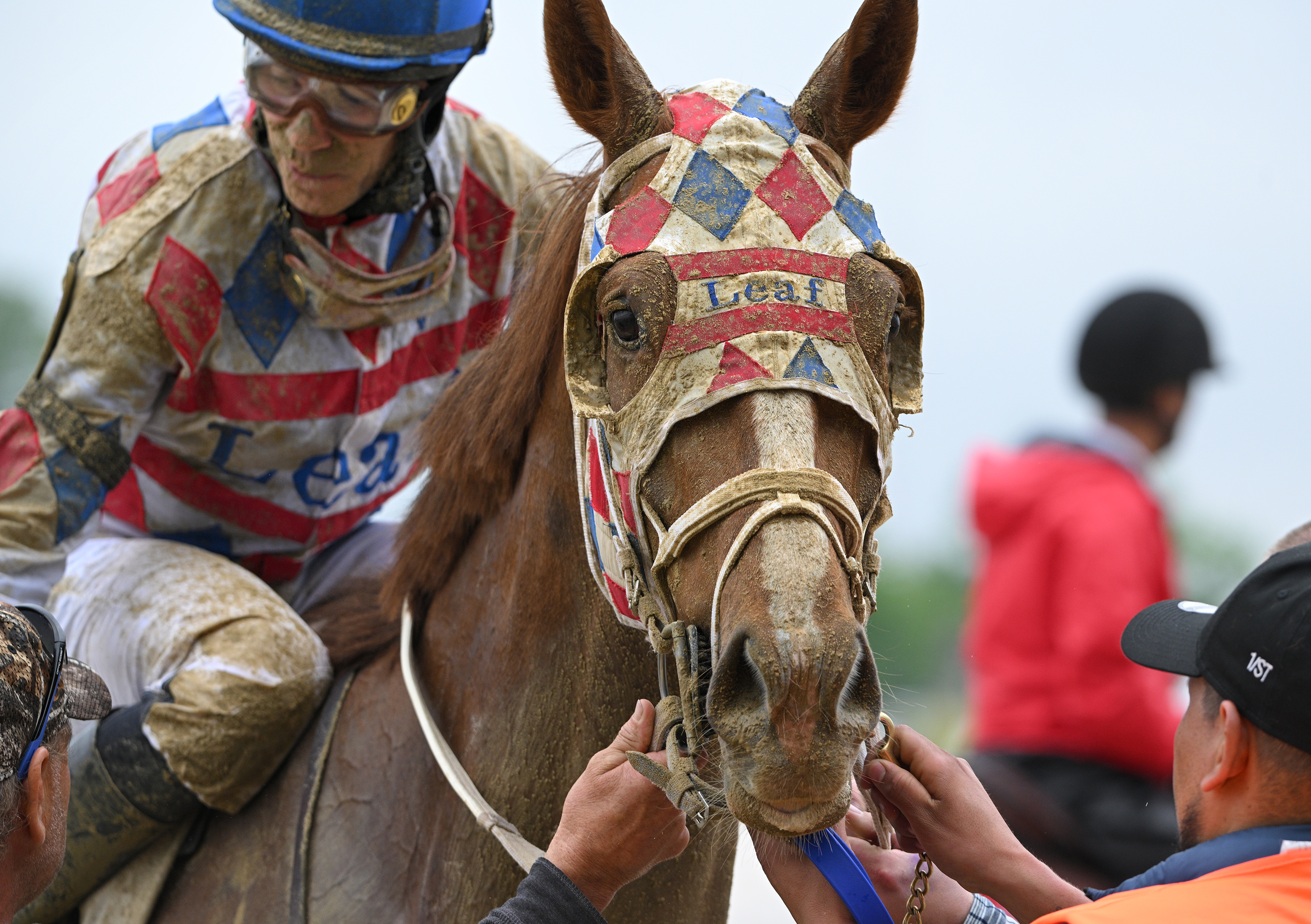 #2 Laddie Dance with jockey Alberto Delgado finishes in third place in the first race of the day. The first race was supposed to be a turf race but was moved to the dirt because of the weather. The 2024 Preakness at Pimlico Race Course Saturday. (Lloyd Fox/Staff)