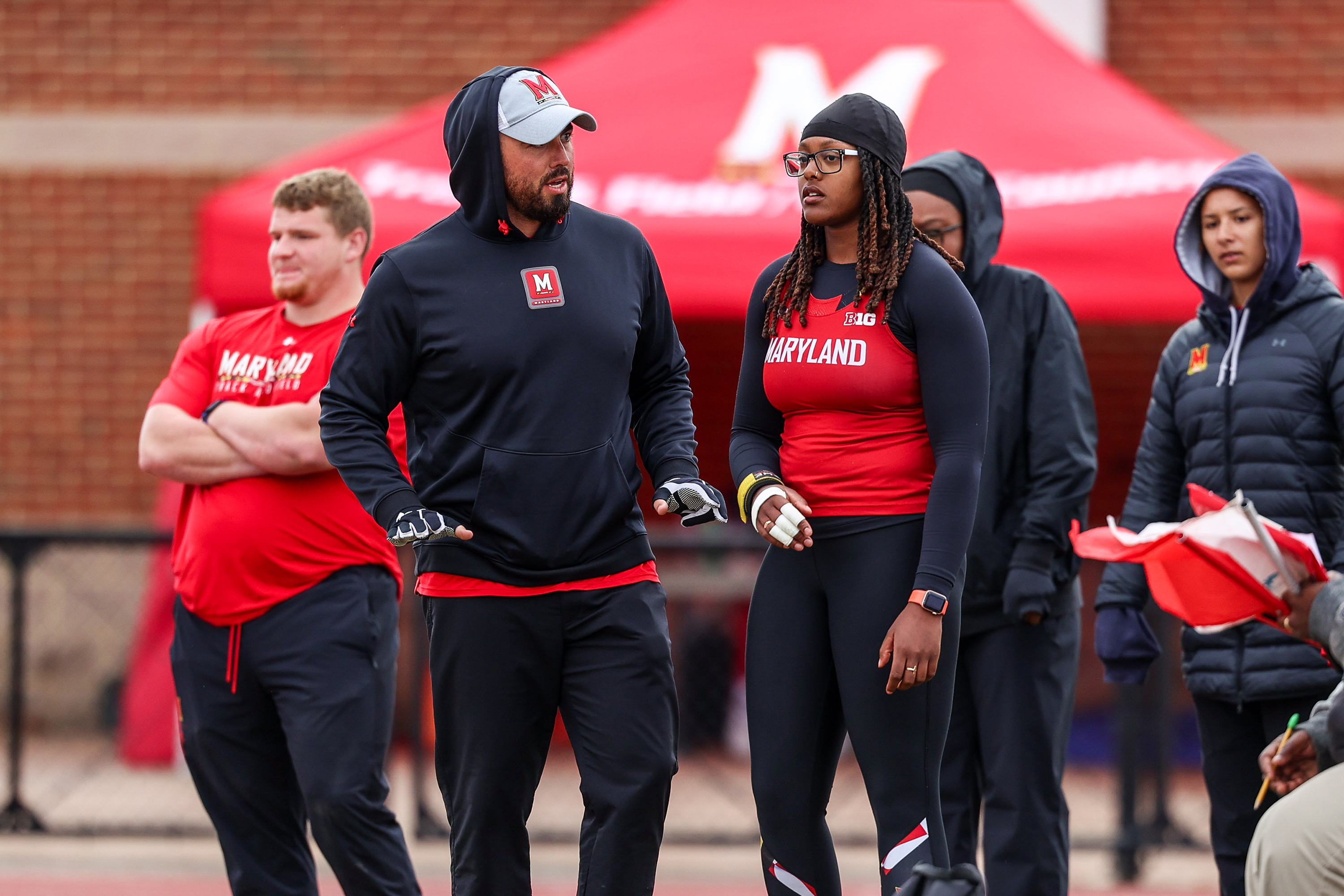 Assistant Coach Tyler Burdorff and Kayla Thorpe Maryland Track & Field compete in the Maryland Invitational at Ludwig Field in College Park, MD on Saturday, Mar. 23, 2024. (Maryland Athletics/handout)