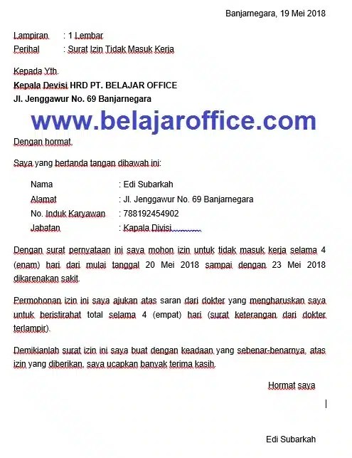 Contoh Surat Sakit Kerja Tanpa Keterangan Dokter