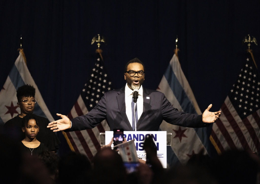 Union organizer and Cook County Commissioner Brandon Johnson speaks after being projected winner as mayor on April 4, 2023 in Chicago, Illinois. (Alex Wroblewski/Getty Images)