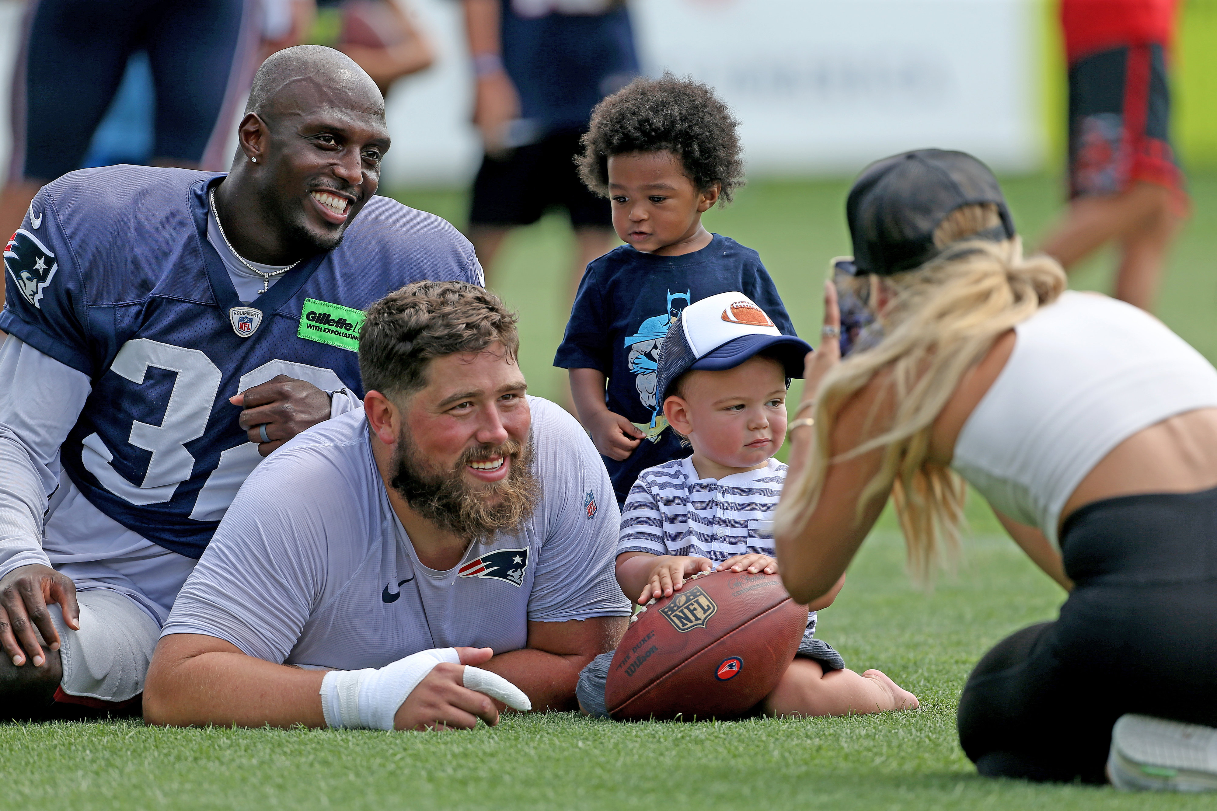 FOXBORO, MA - August 2: Devin McCourty of the New England Patriots takes a picture with David Andrews during training camp at Gillette Stadium on August 2, 2022 in Foxboro, Massachusetts. (Staff Photo By Matt Stone/MediaNews Group/Boston Herald)