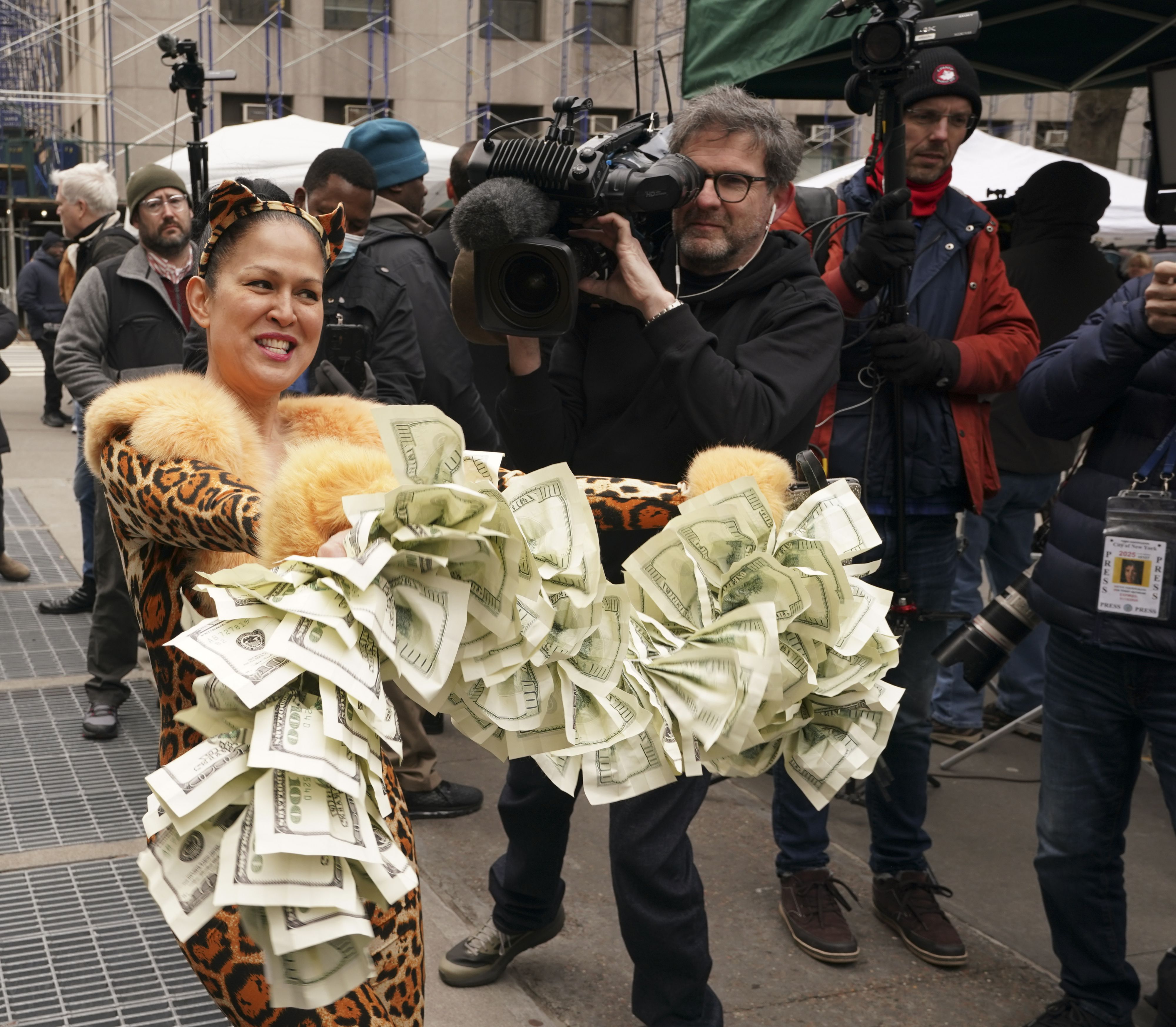 Anti-Trump protestor Marni Halasa performs for the media outside Manhattan Supreme Court at 100 Centre St. Friday, March 31, 2023, in Manhattan, New York. (Barry Willilams/for New York Daily News)