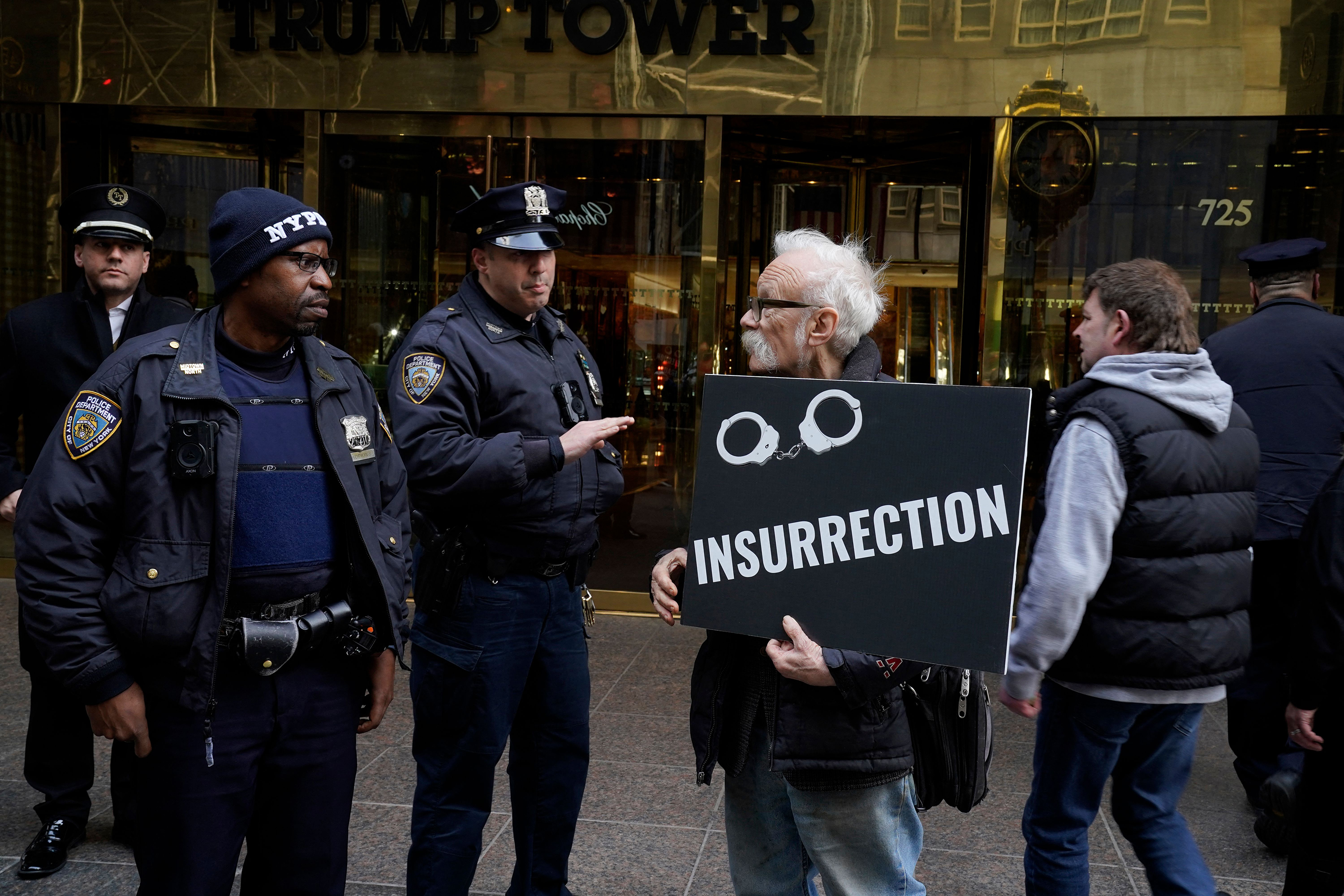 Protestors gather in front of Trump Tower in New York City on March 31, 2023. (Timothy A. Clary/AFP/Getty Images/TNS)