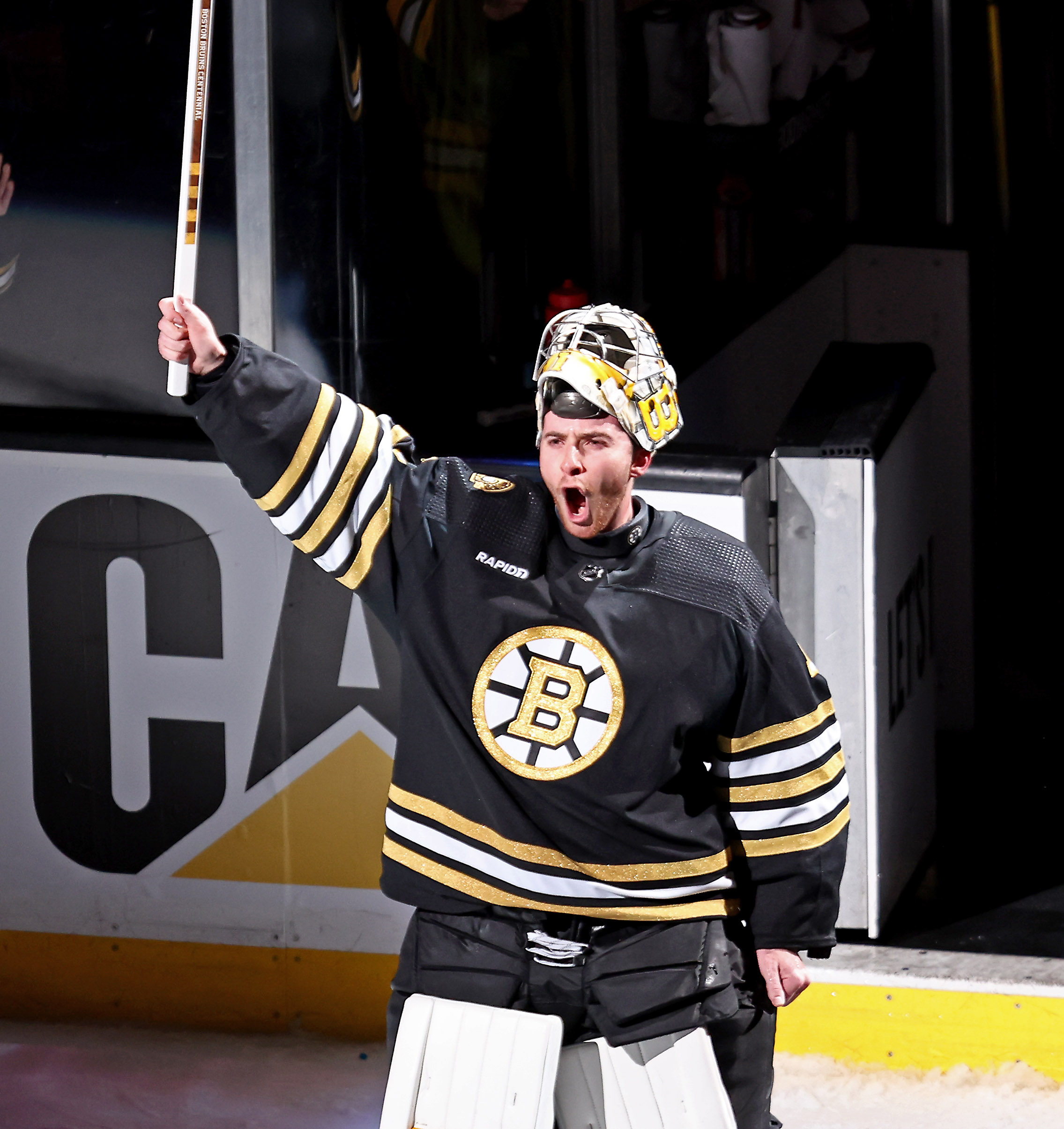 Boston Bruins goaltender Jeremy Swayman celebrates a playoff win over the Toronto Maple Leafs in April. (Staff Photo/Stuart Cahill/Boston Herald)