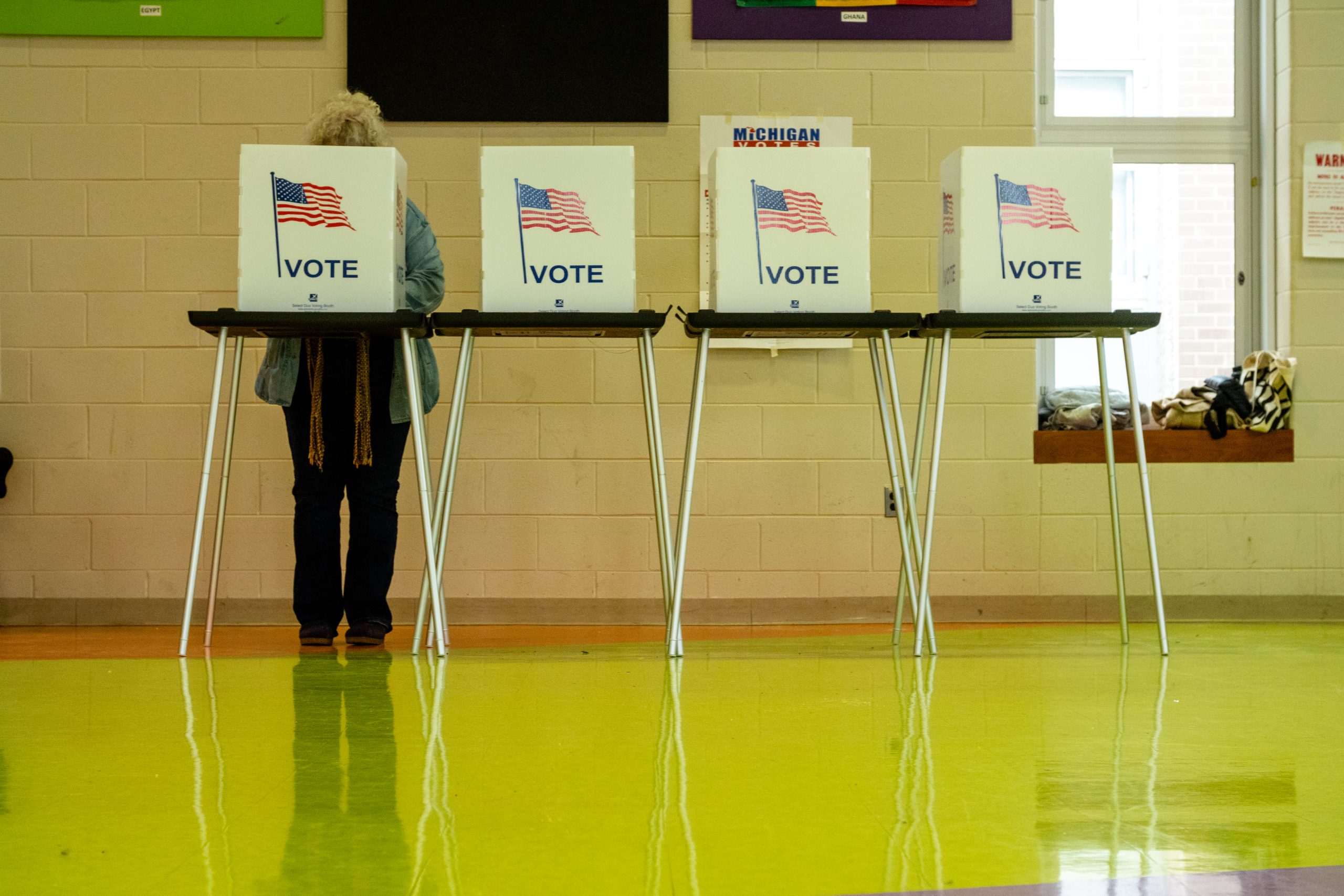 A Detroit resident voting at Marcus Garvey Academy - the polling location for precincts 2, 4, 132 and 134 on February 27, 2024.