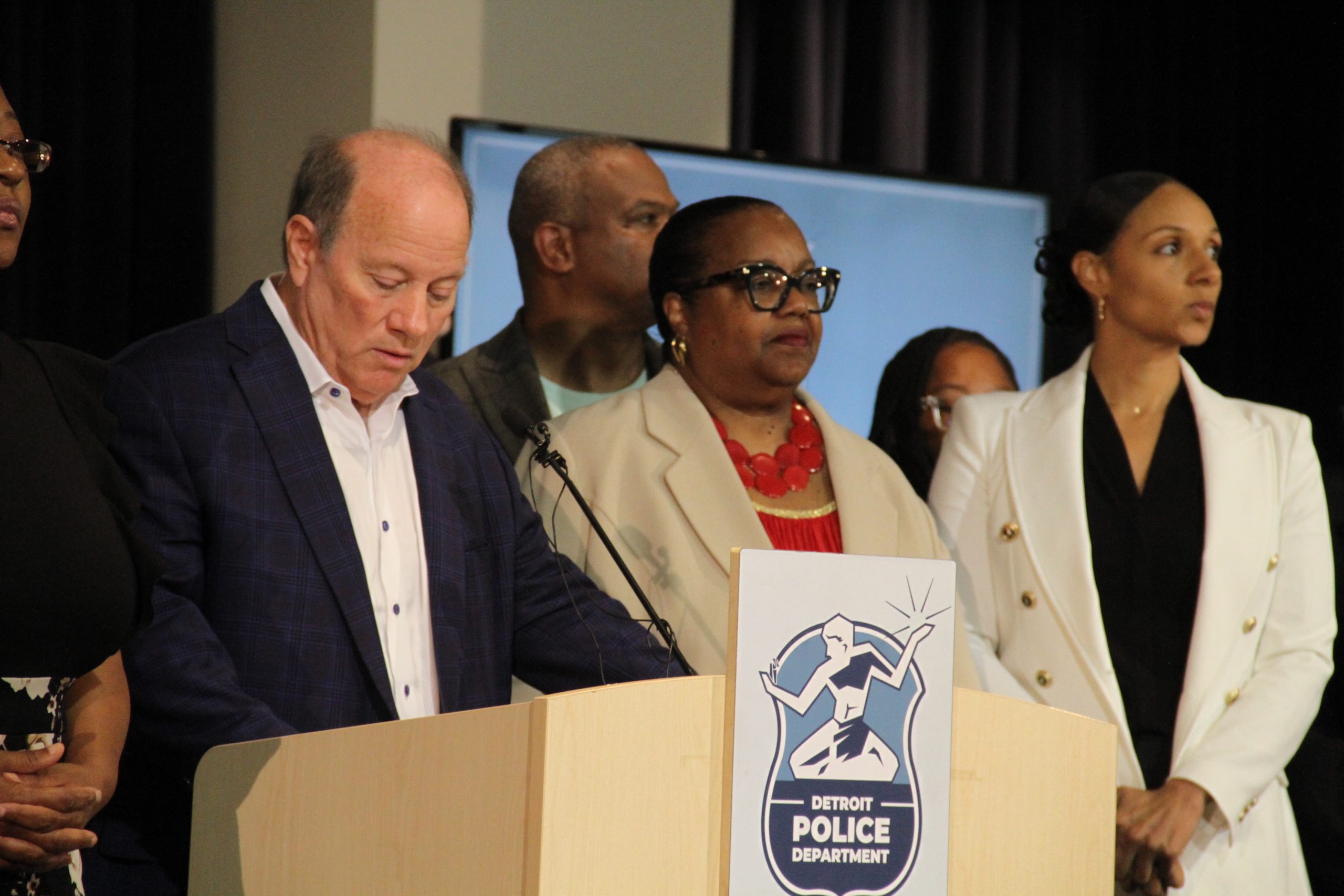 Mayor Mike Duggan, community leaders, Detroit police and city officials attend a July 8, 2024 press conference about mobilizing officers to respond to illegal block parties in the neighborhoods.