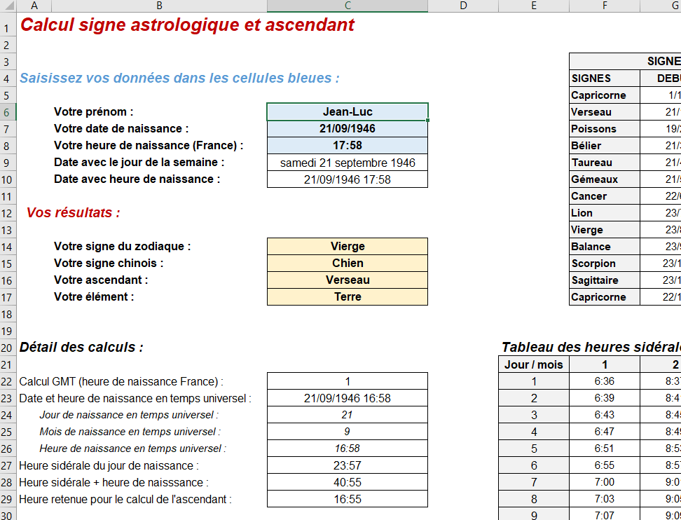 Calcul Signe Astrologique Et Ascendant Excel Gratuit Et Fiable