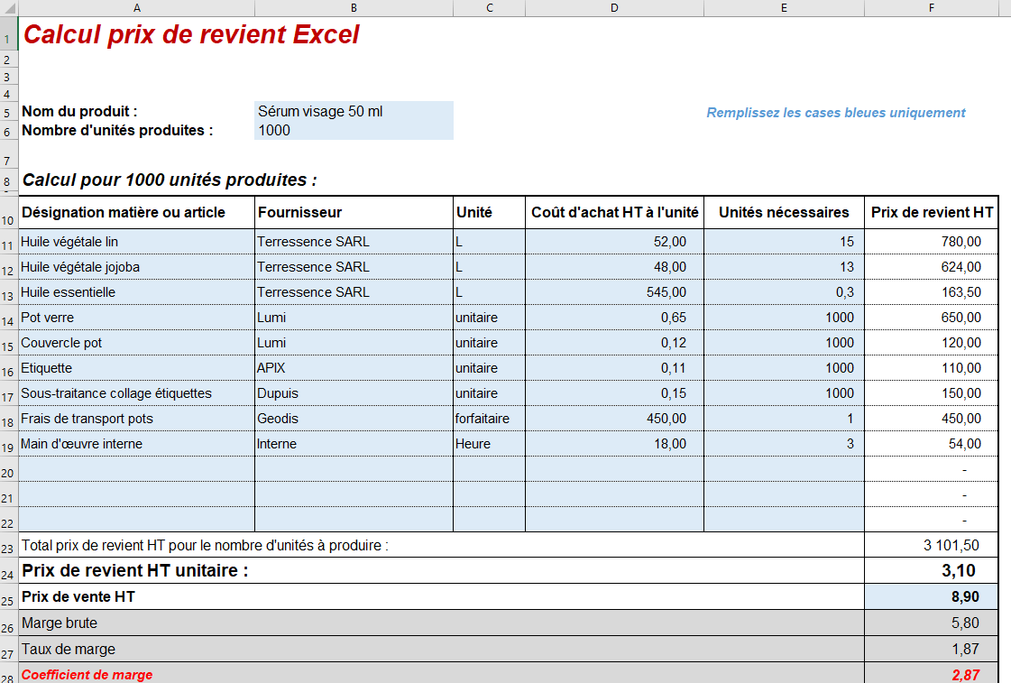 Calcul Prix De Revient Excel Logiciel 100 Gratuit