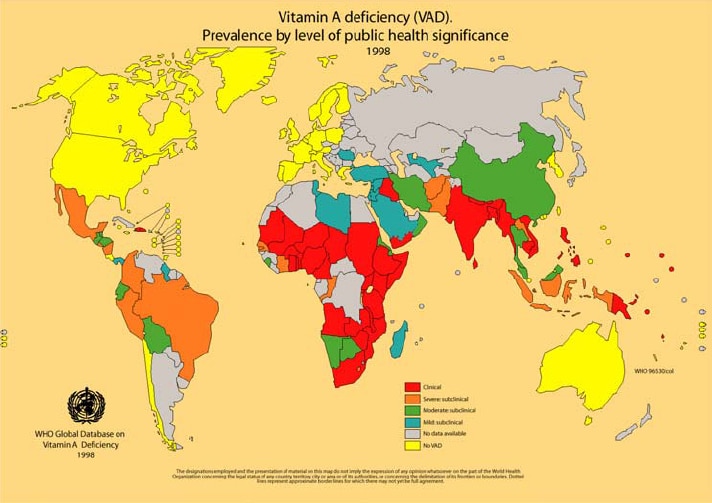 WHO world map showing areas with vitamin-A deficiency.