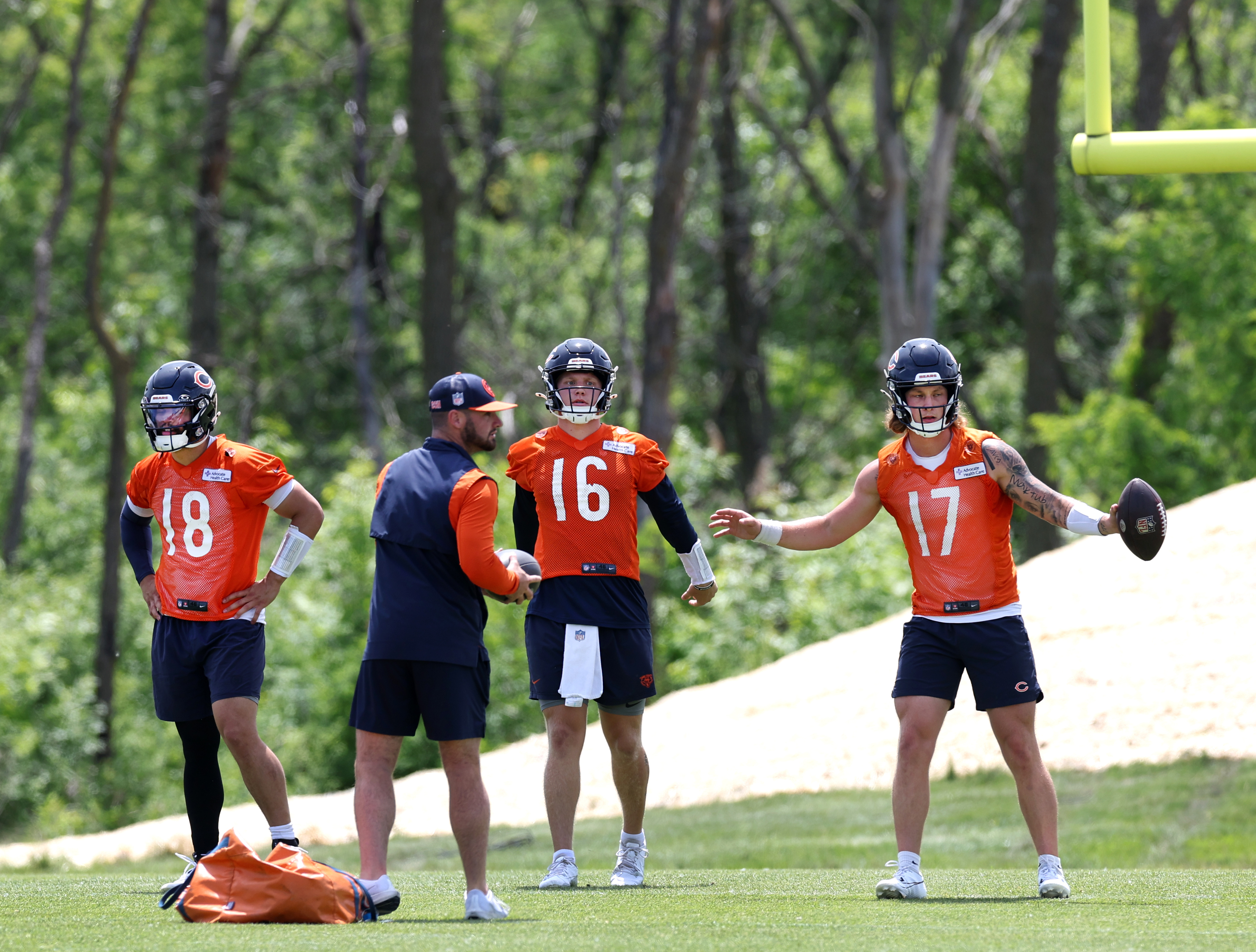 Chicago Bears quarterbacks Caleb Williams (18), Austin Reed (16), and Tyson Bagent (17) participate in Organized Team Activities at Halas Hall in Lake Forest on Friday, May 31, 2024. (Chris Sweda/Chicago Tribune)