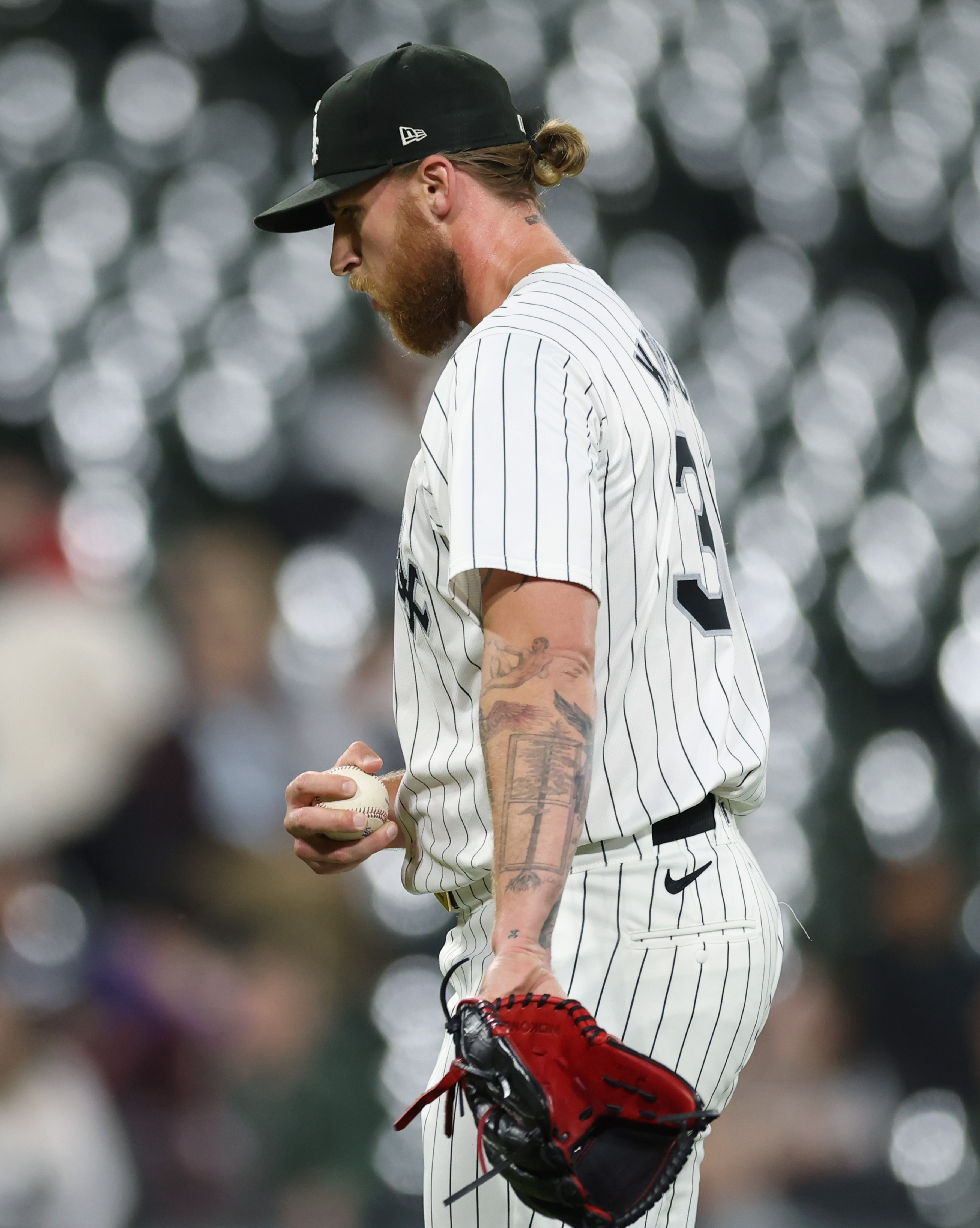 White Sox pitcher Michael Kopech stands on the mound between batters in the ninth inning against the Blue Jays at Guaranteed Rate Field on May 29, 2024, in Chicago. (John J. Kim/Chicago Tribune)
