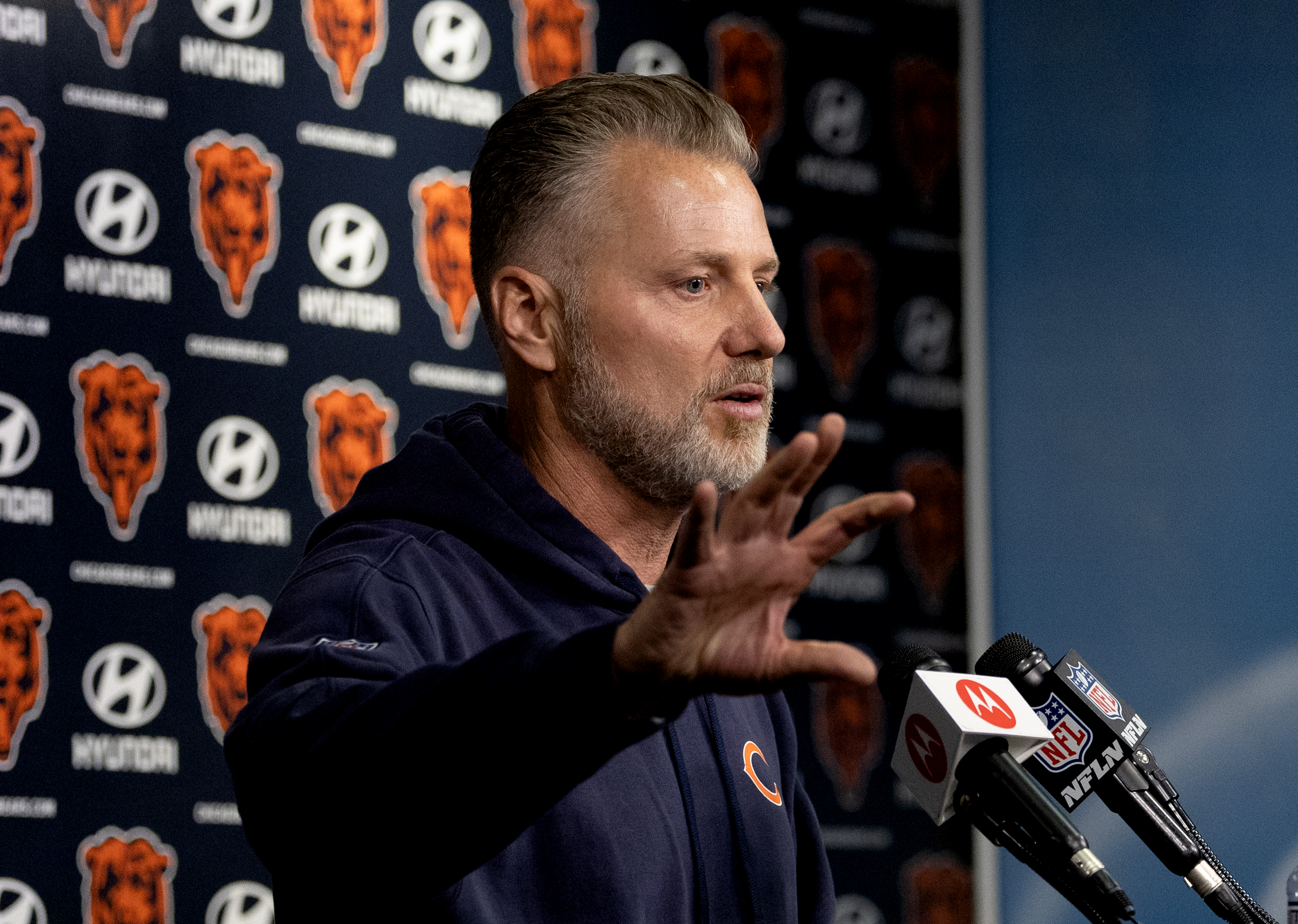 Bears coach Matt Eberflus speaks with the media in the PNC Center at Halas Hall on June 12, 2024, in Lake Forest (Stacey Wescott/Chicago Tribune)