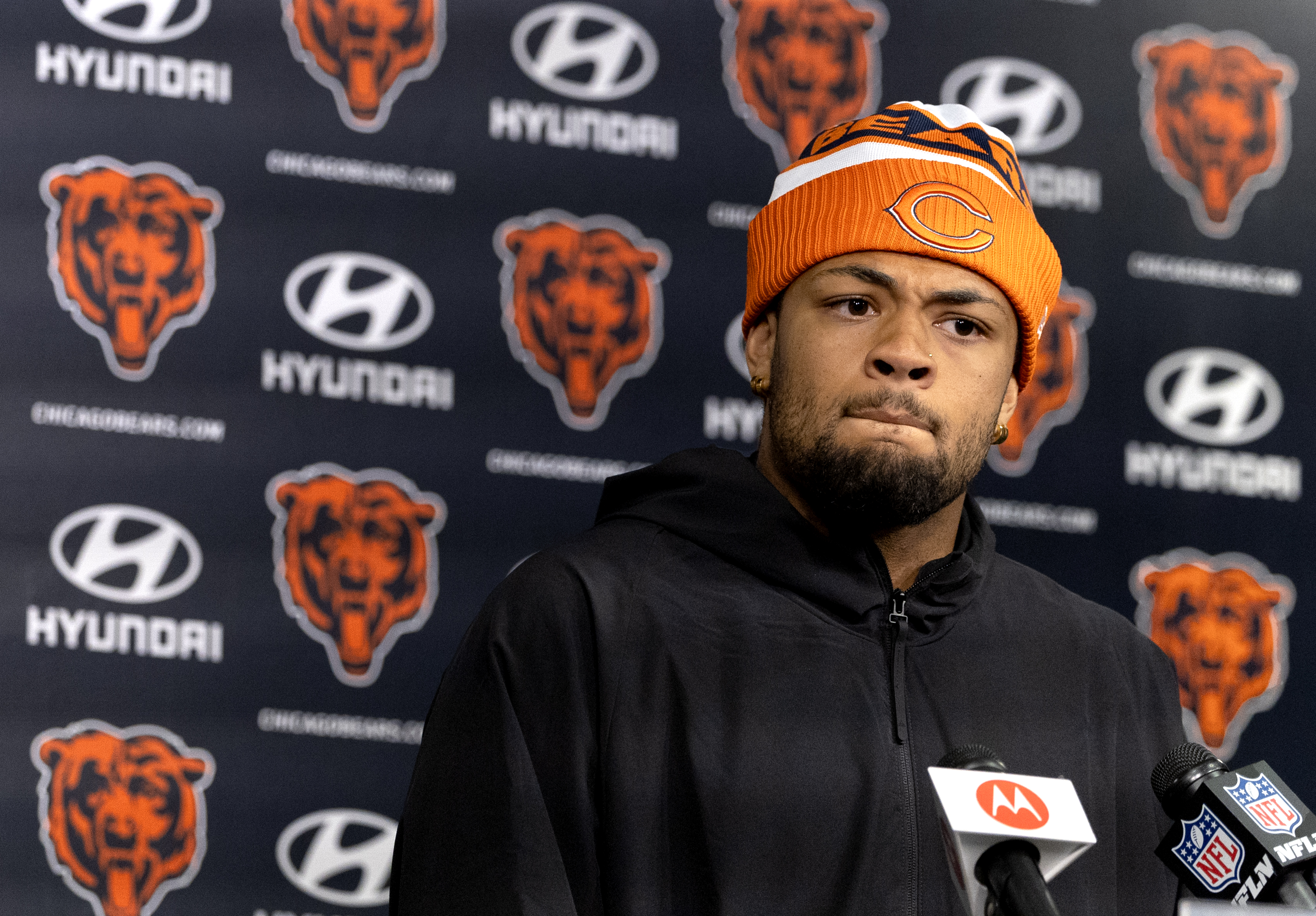 Bears wide receiver Rome Odunze speaks with the media in the PNC Center at Halas Hall on June 12, 2024, in Lake Forest (Stacey Wescott/Chicago Tribune)