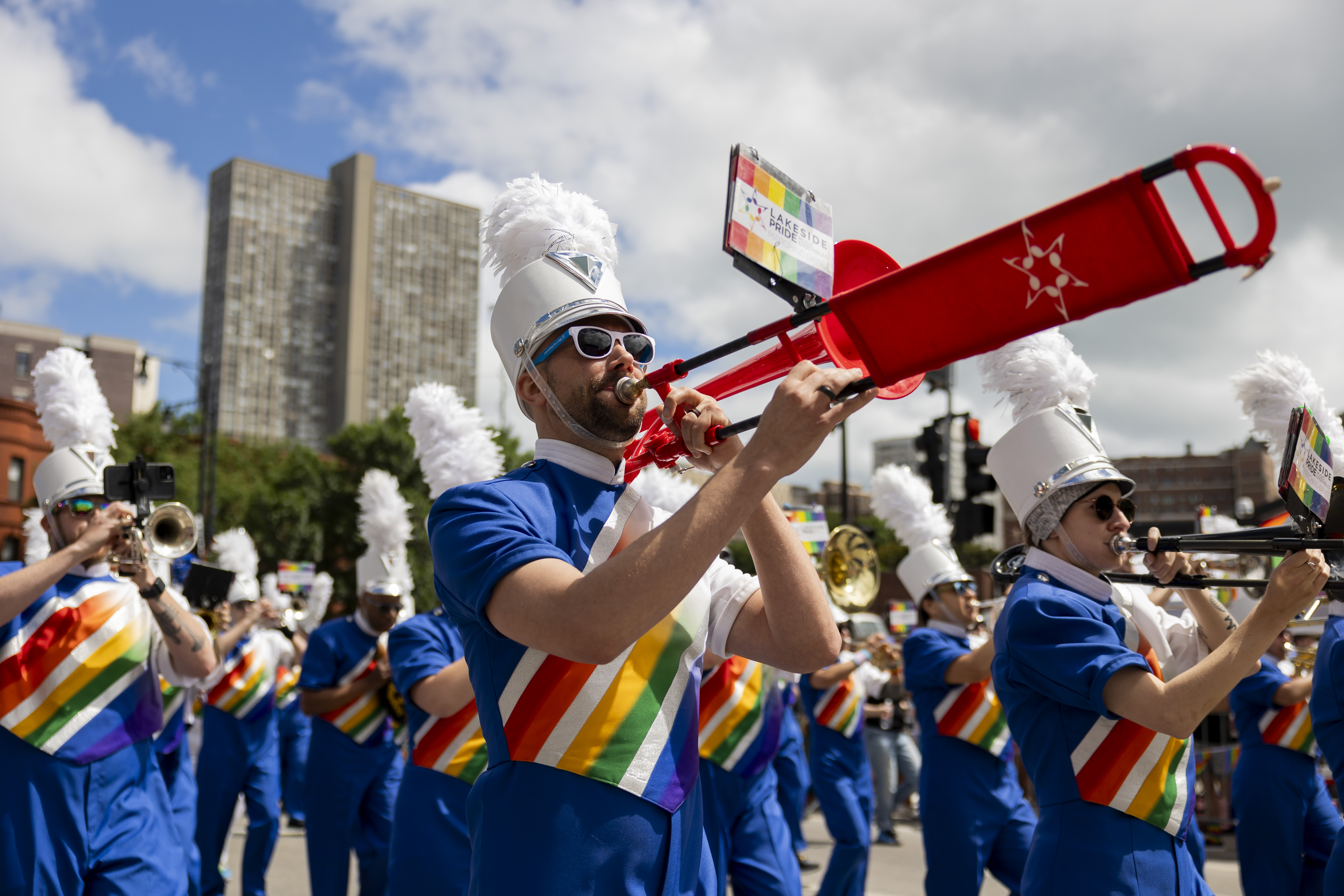 Members of the Lakeside Pride Marching Band perform during the 53rd annual Chicago Pride Parade on June 30, 2024. (Vincent Alban/Chicago Tribune)